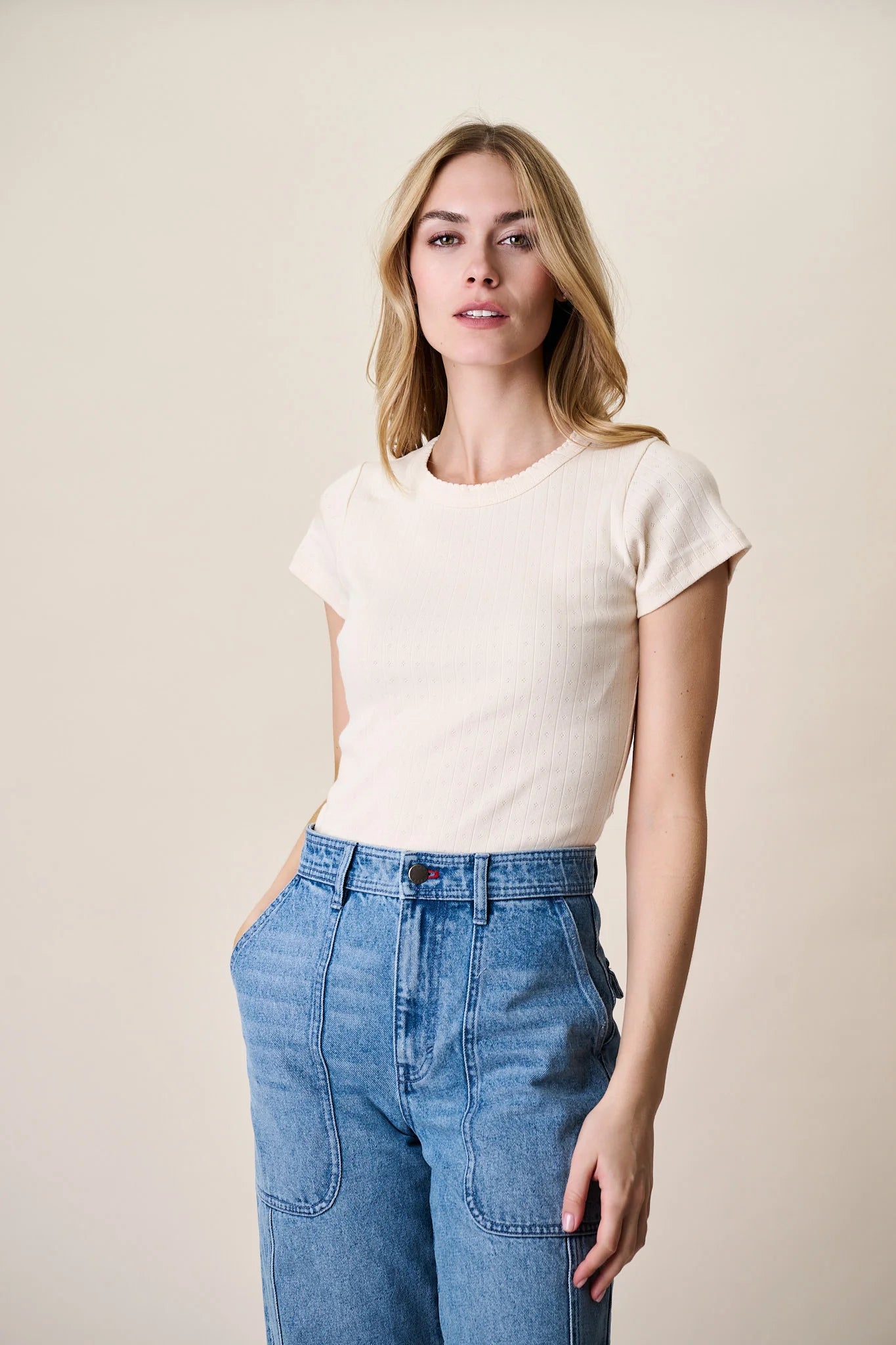 Pointelle Crewneck Tee, Ivory