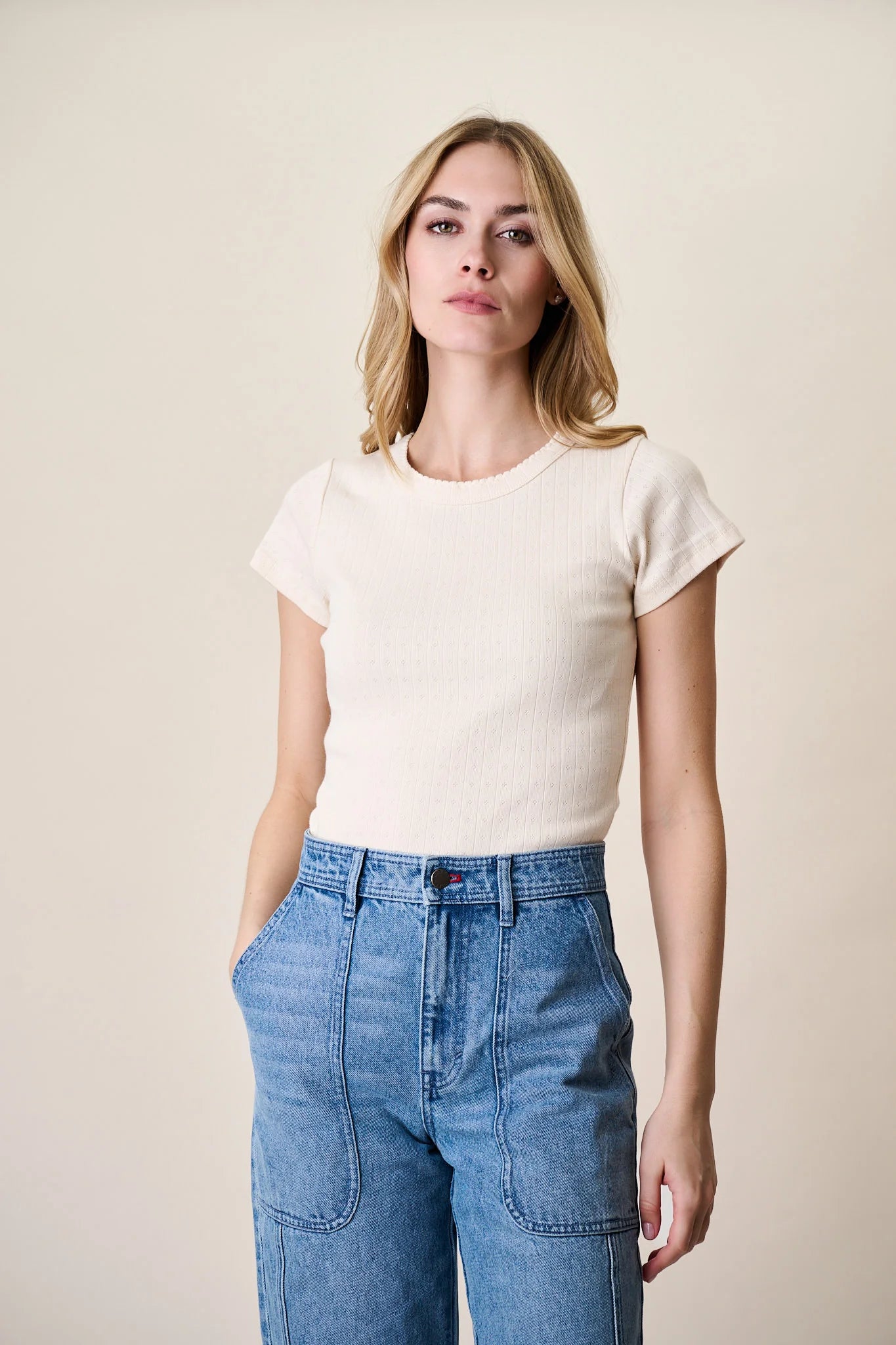Pointelle Crewneck Tee, Ivory