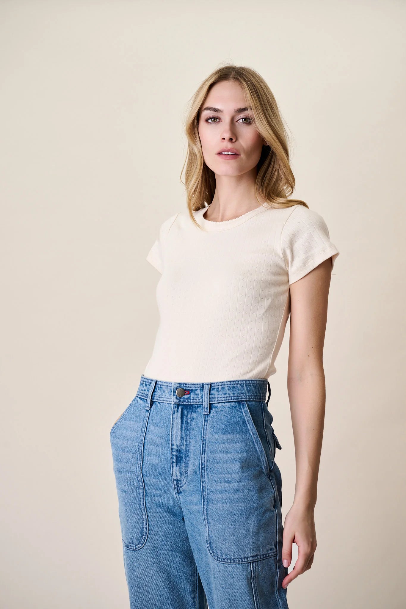 Pointelle Crewneck Tee, Ivory