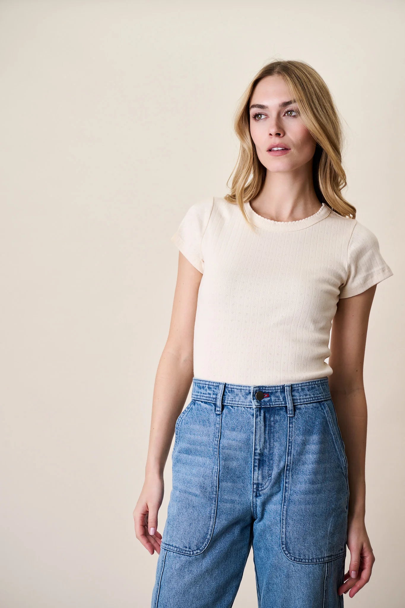 Pointelle Crewneck Tee, Ivory