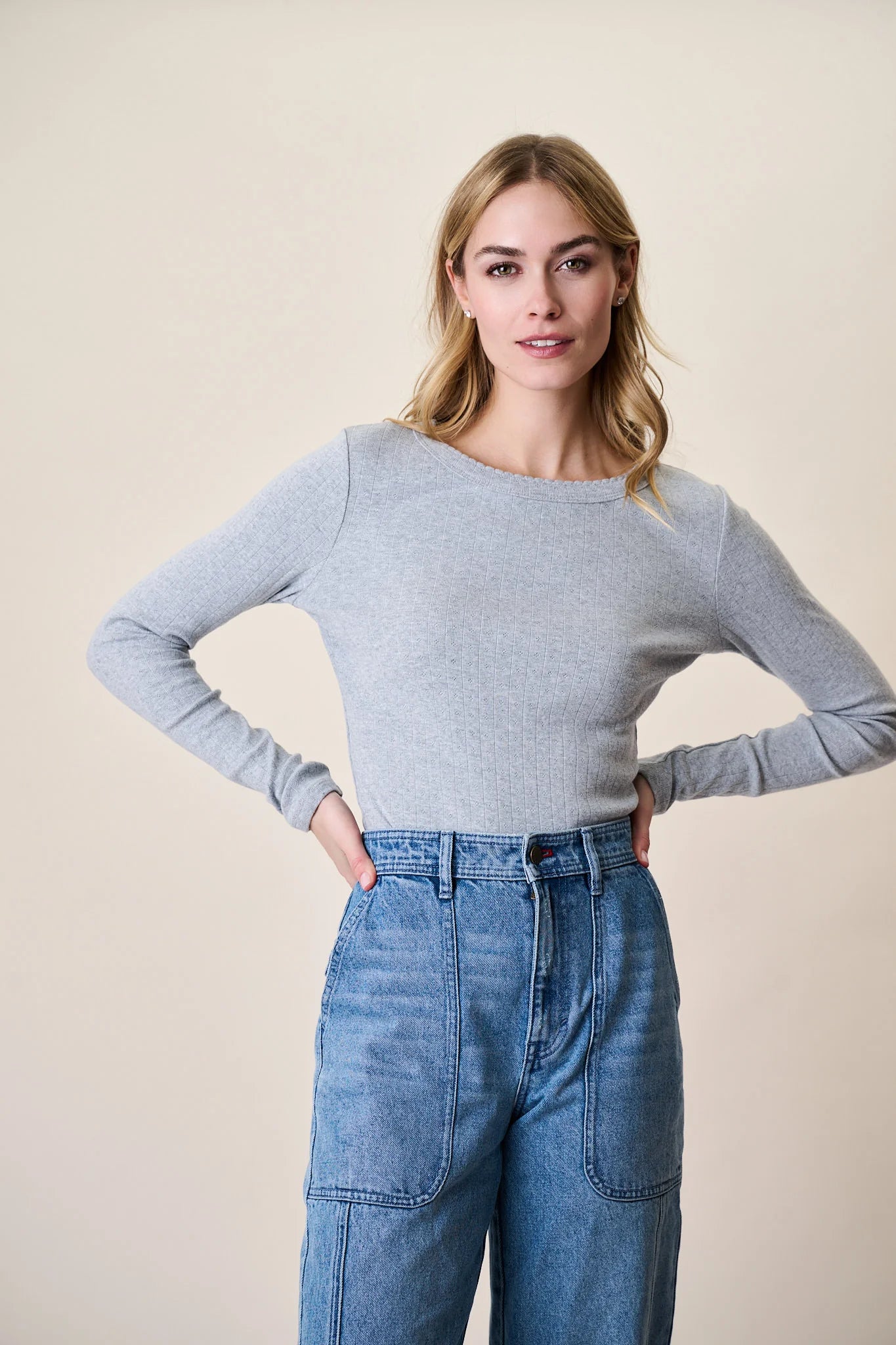 Pointelle Long Sleeve Tee, Grey