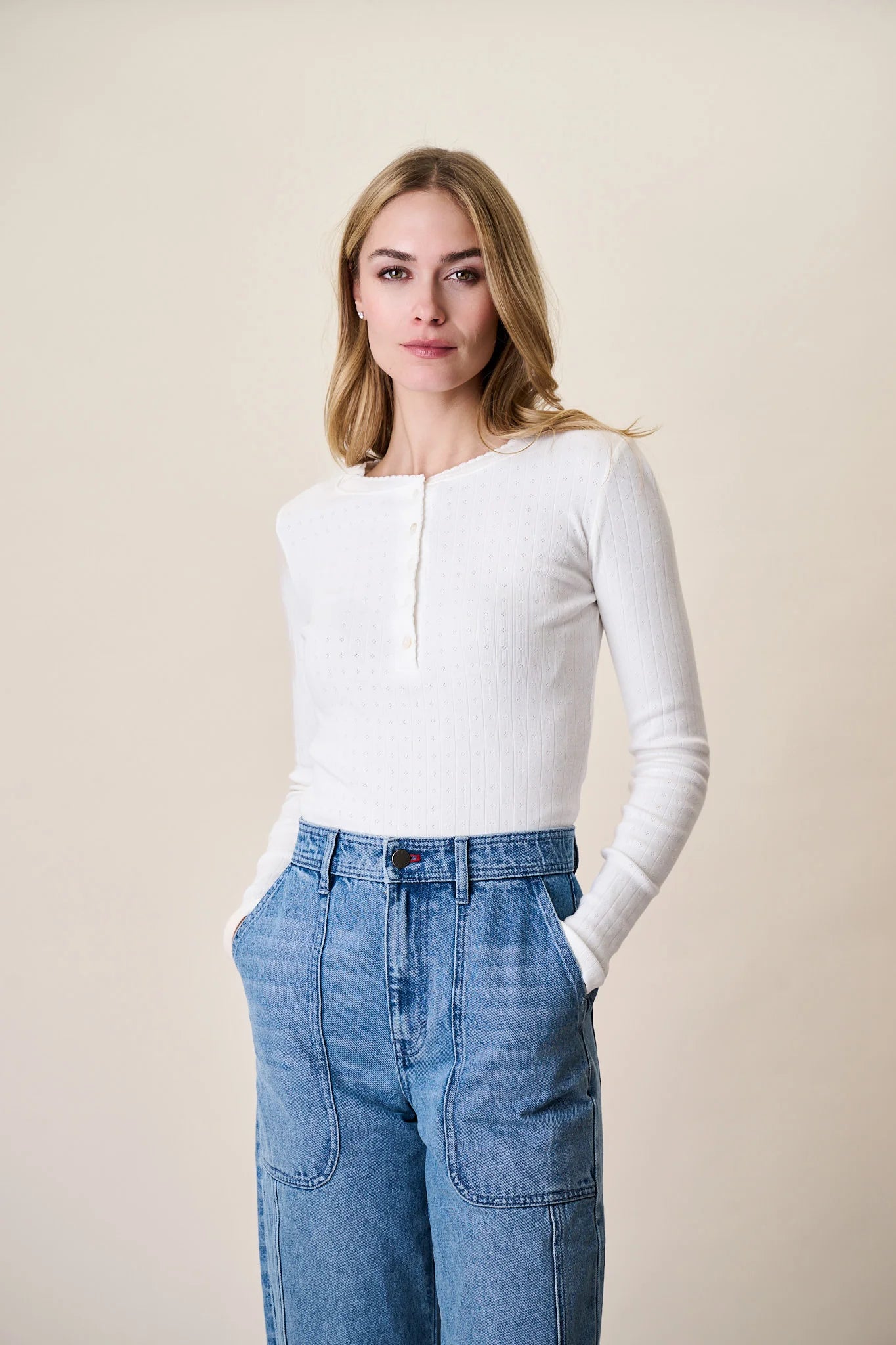 Pointelle Long Sleeve Henley, White