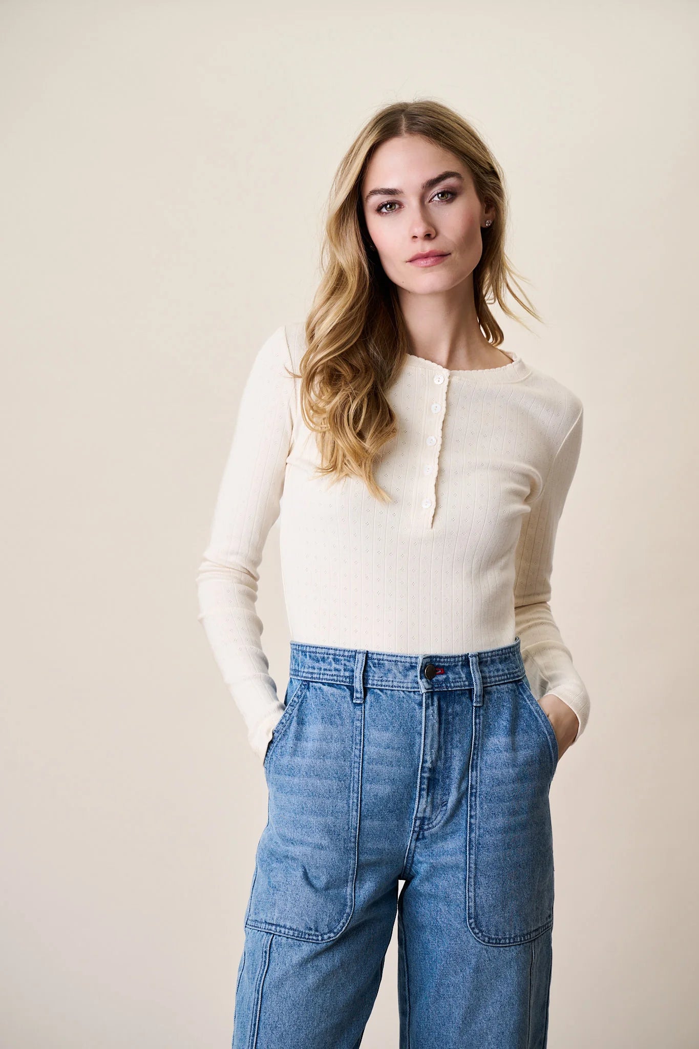 Pointelle Long Sleeve Henley, Ivory