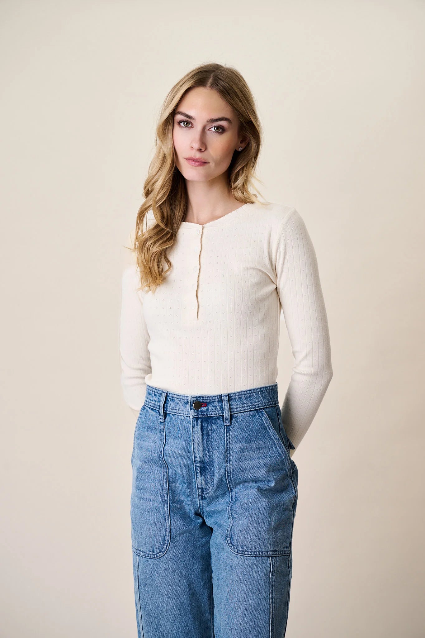 Pointelle Long Sleeve Henley, Ivory