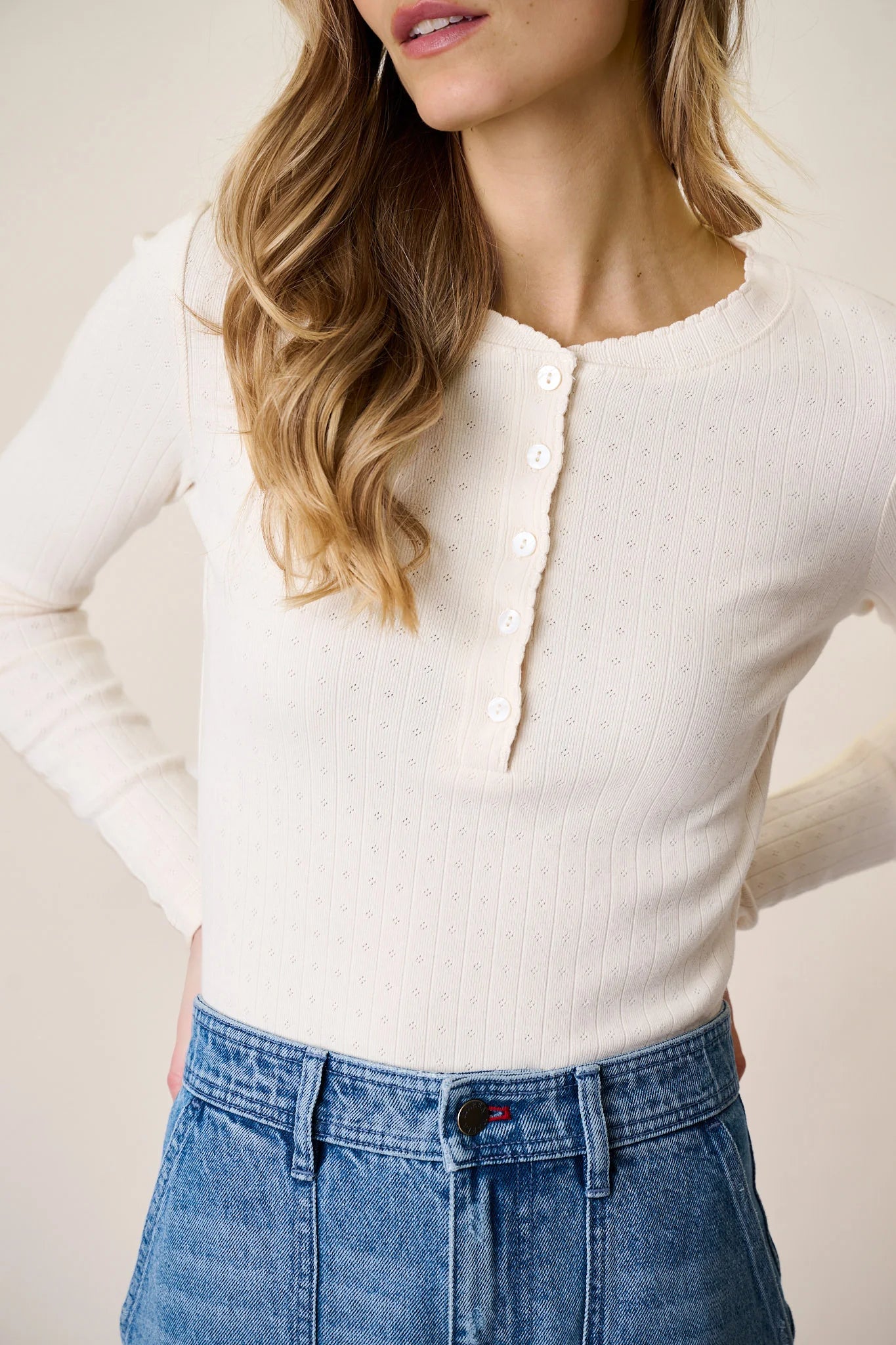 Pointelle Long Sleeve Henley, Ivory