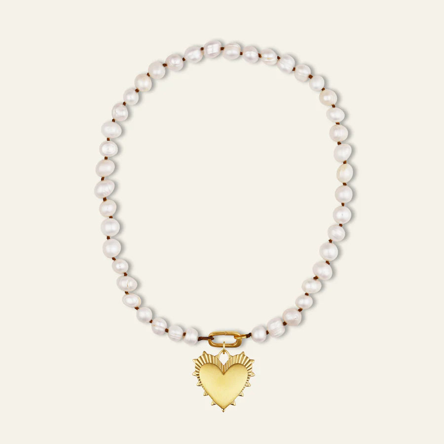 Pearl Necklace, Heart of Gold Charm