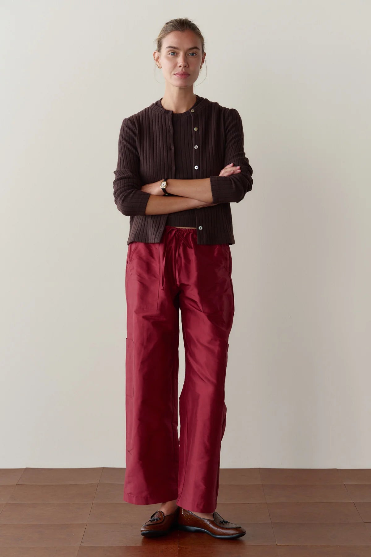 Silk Taffeta Cargo Pant, Oxblood