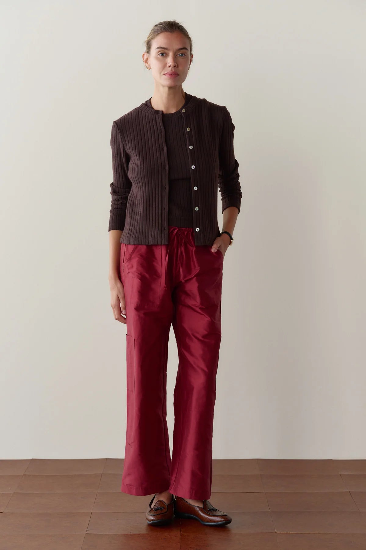 Silk Taffeta Cargo Pant, Oxblood