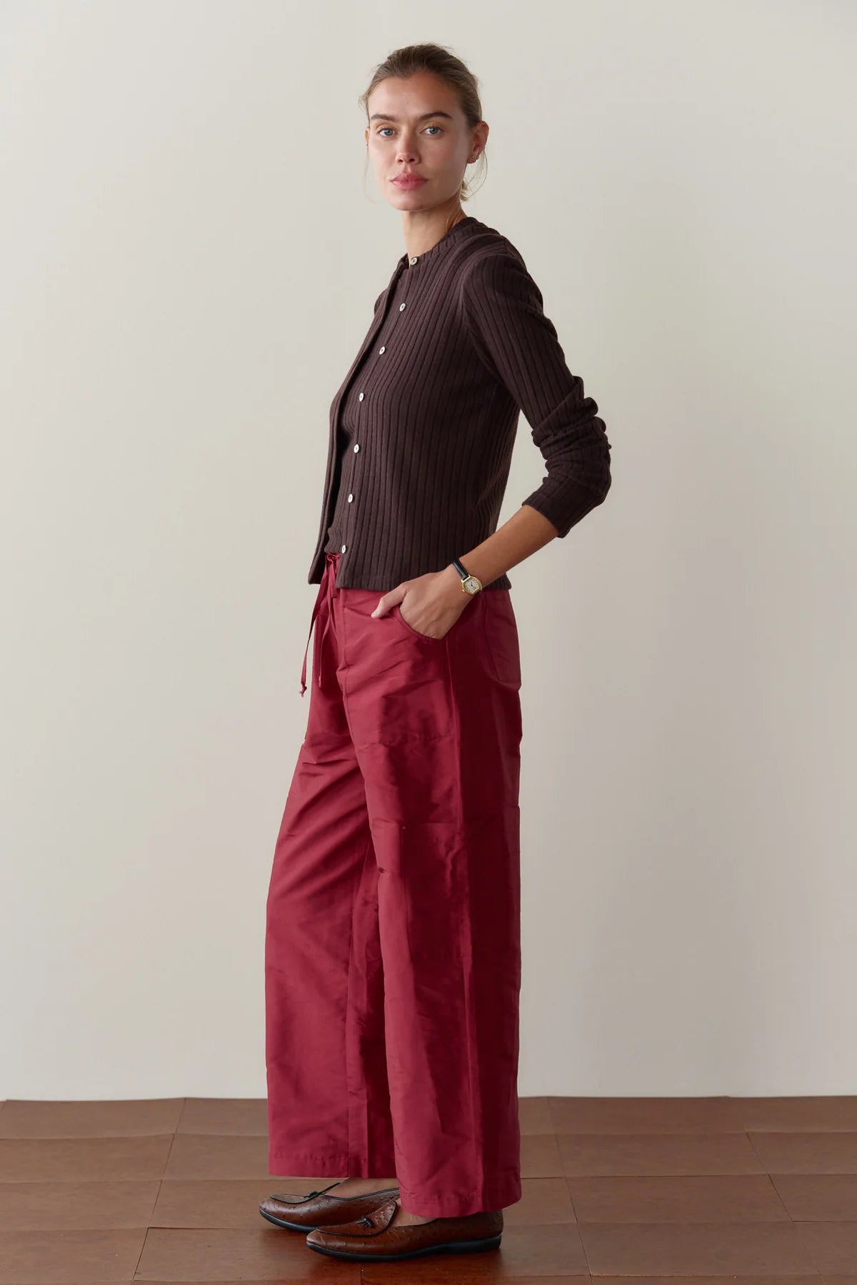 Silk Taffeta Cargo Pant, Oxblood