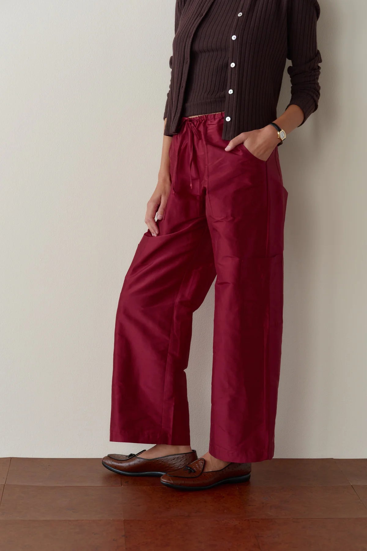 Silk Taffeta Cargo Pant, Oxblood