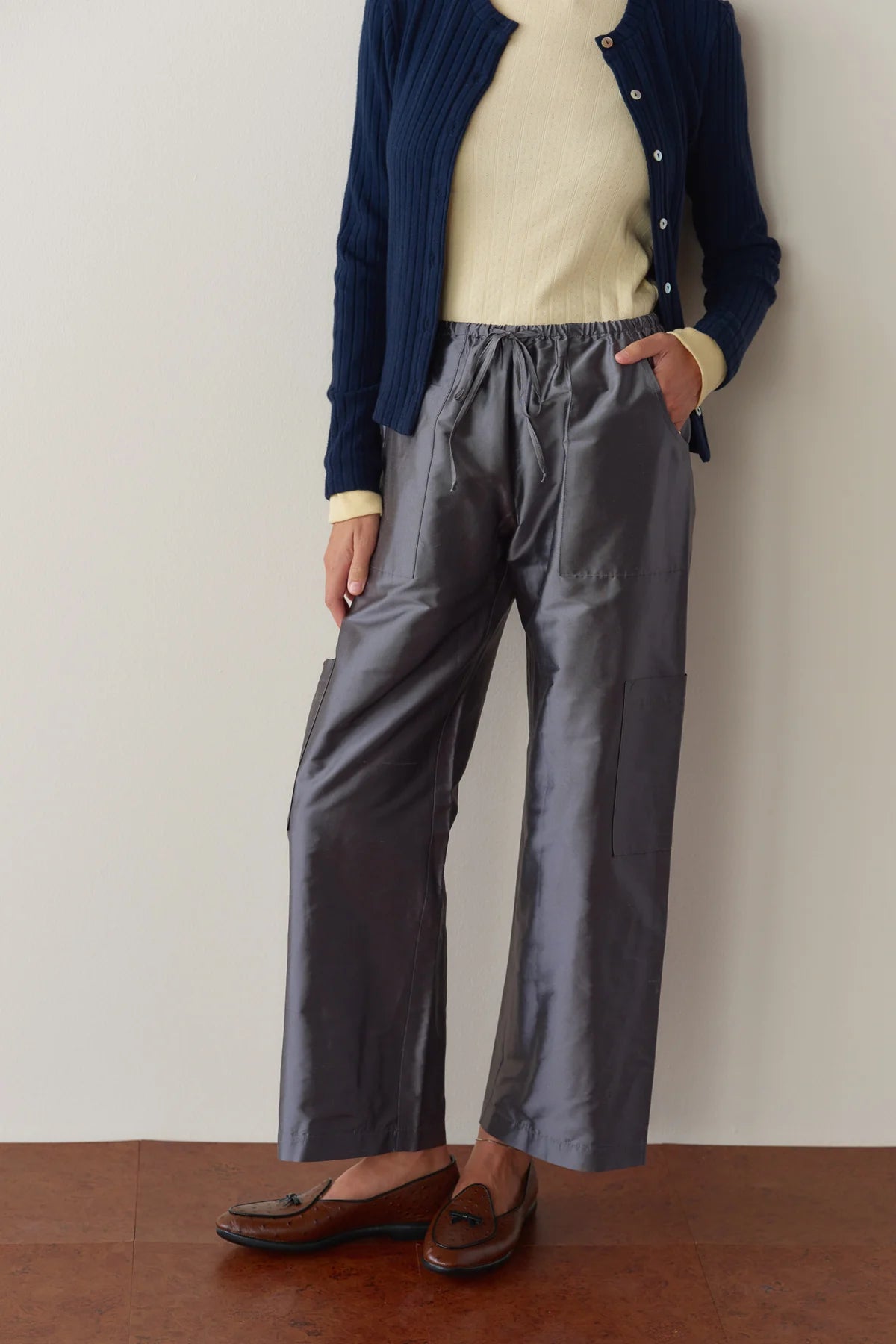 Silk Taffeta Cargo Pant, Pewter