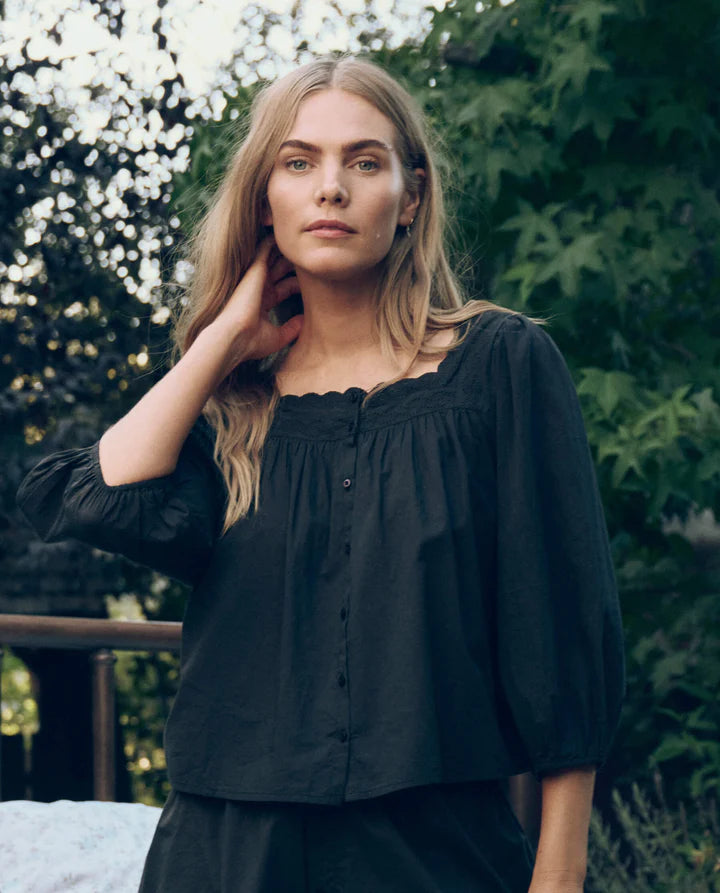 Eyelet Button Sleep Top, Black