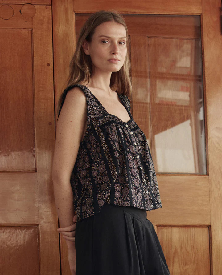 Victorian Tank, Black & Cream Floral