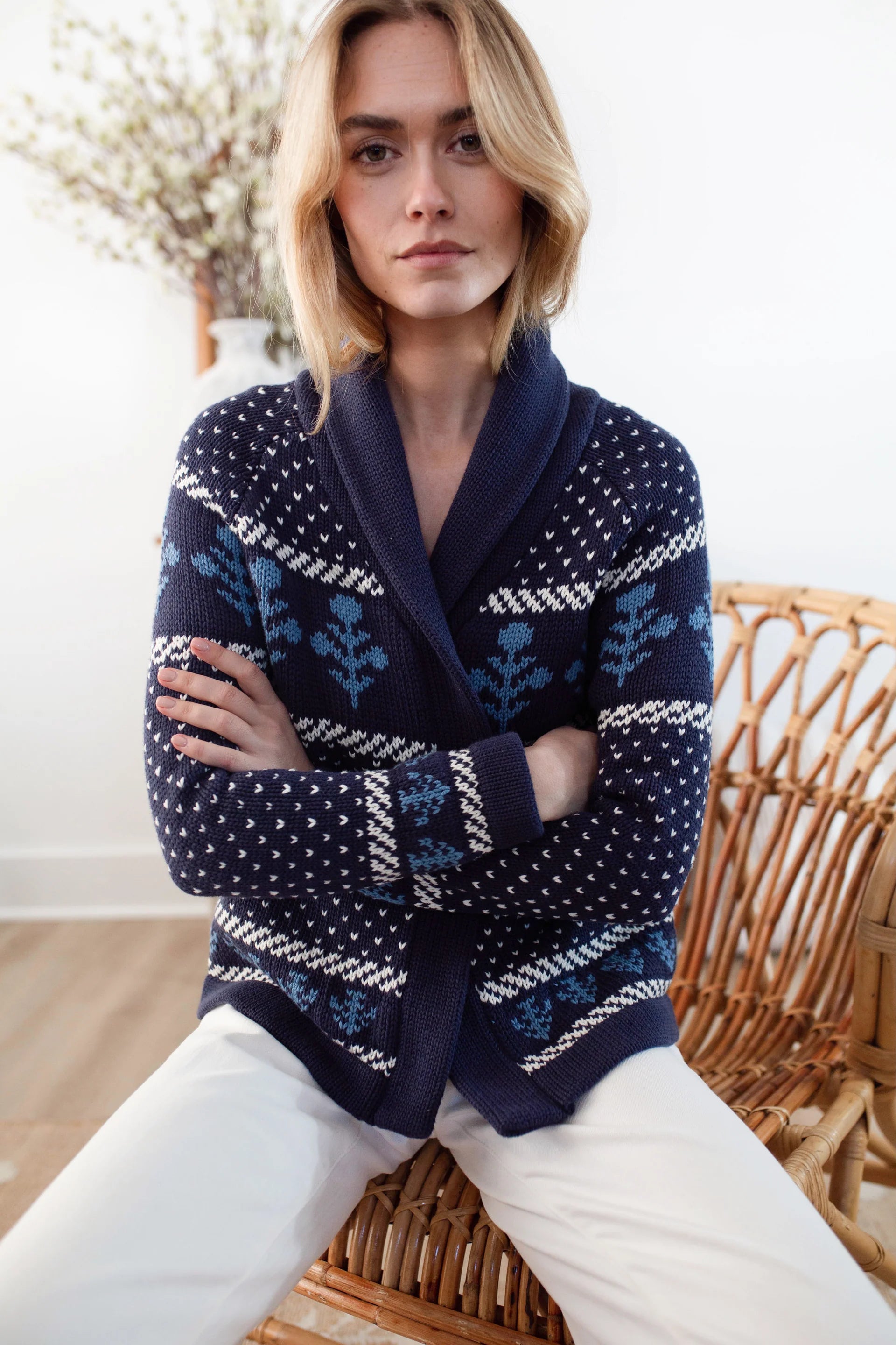 Flower Shawl Cardigan, Navy