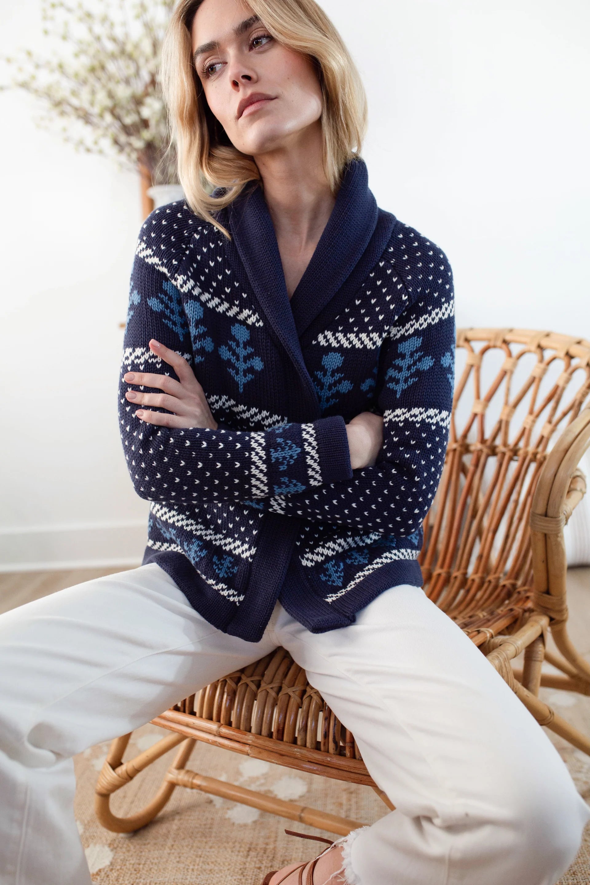 Flower Shawl Cardigan, Navy