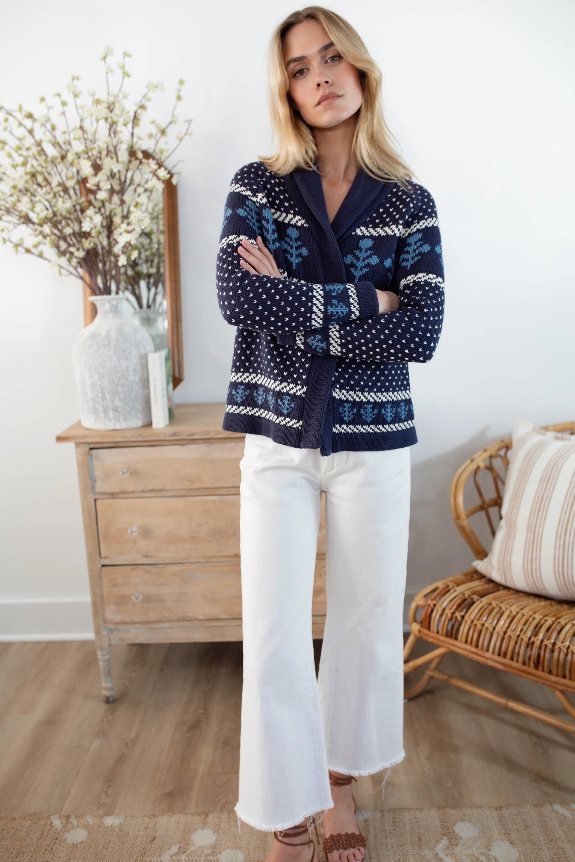 Flower Shawl Cardigan, Navy