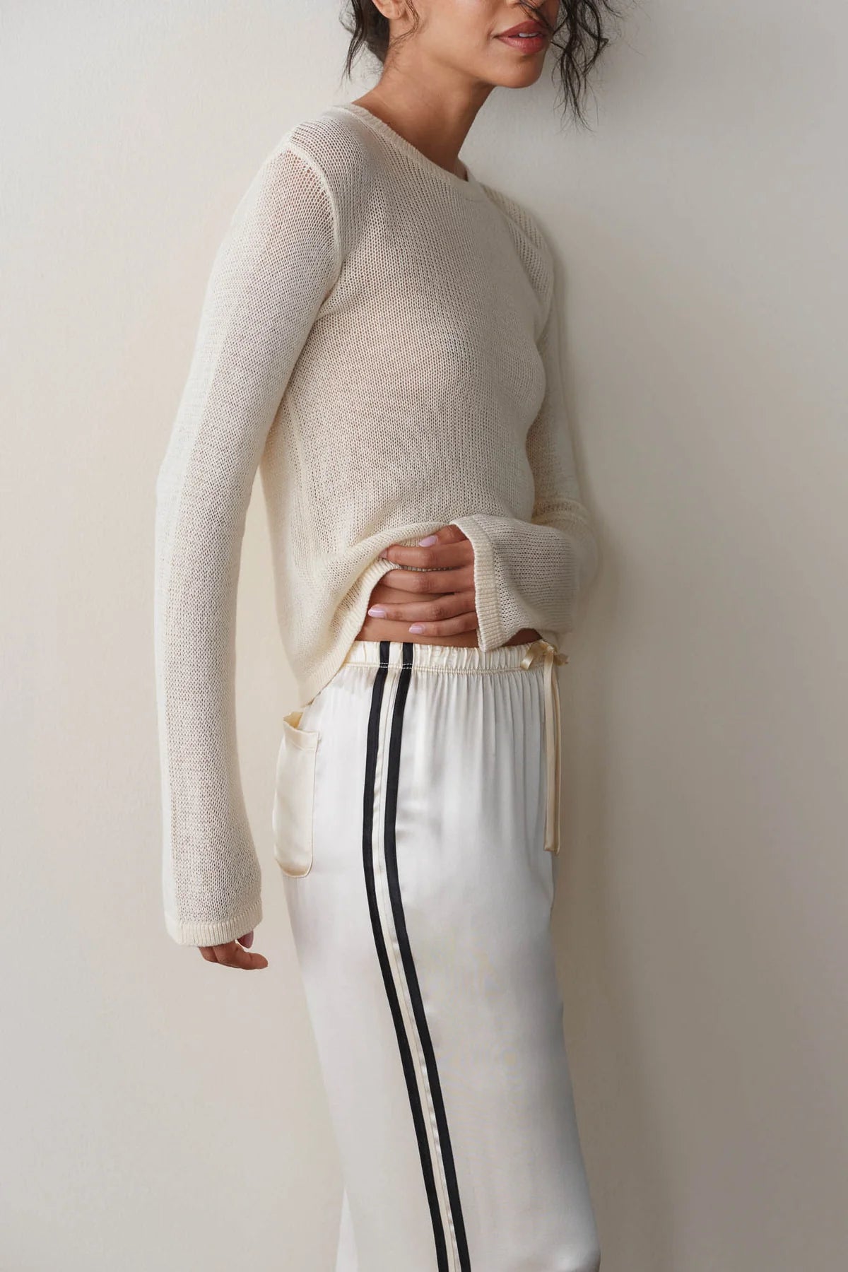 Silk Stripe Crop Pant, Creme & Jet