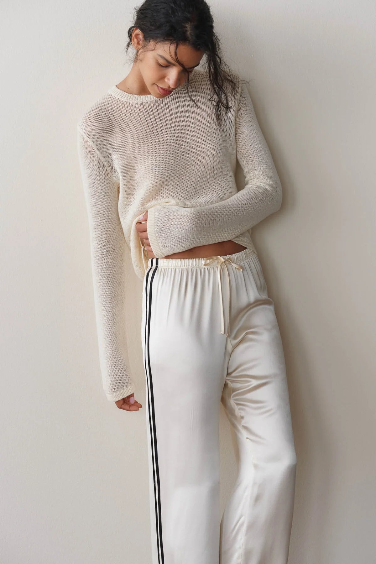 Silk Stripe Crop Pant, Creme & Jet