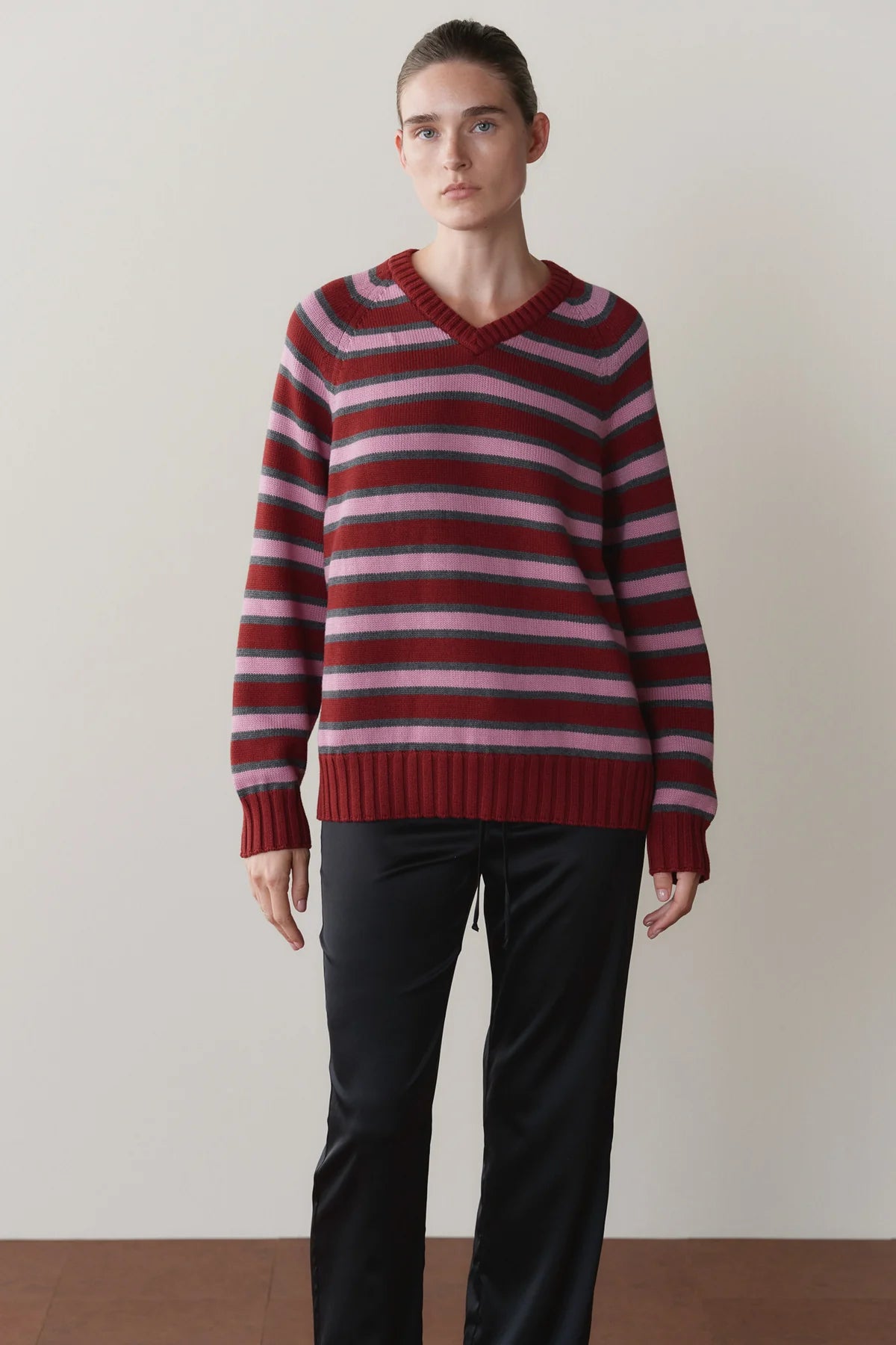 Cotton Knit Stripe V-Neck Sweater, Oxblood