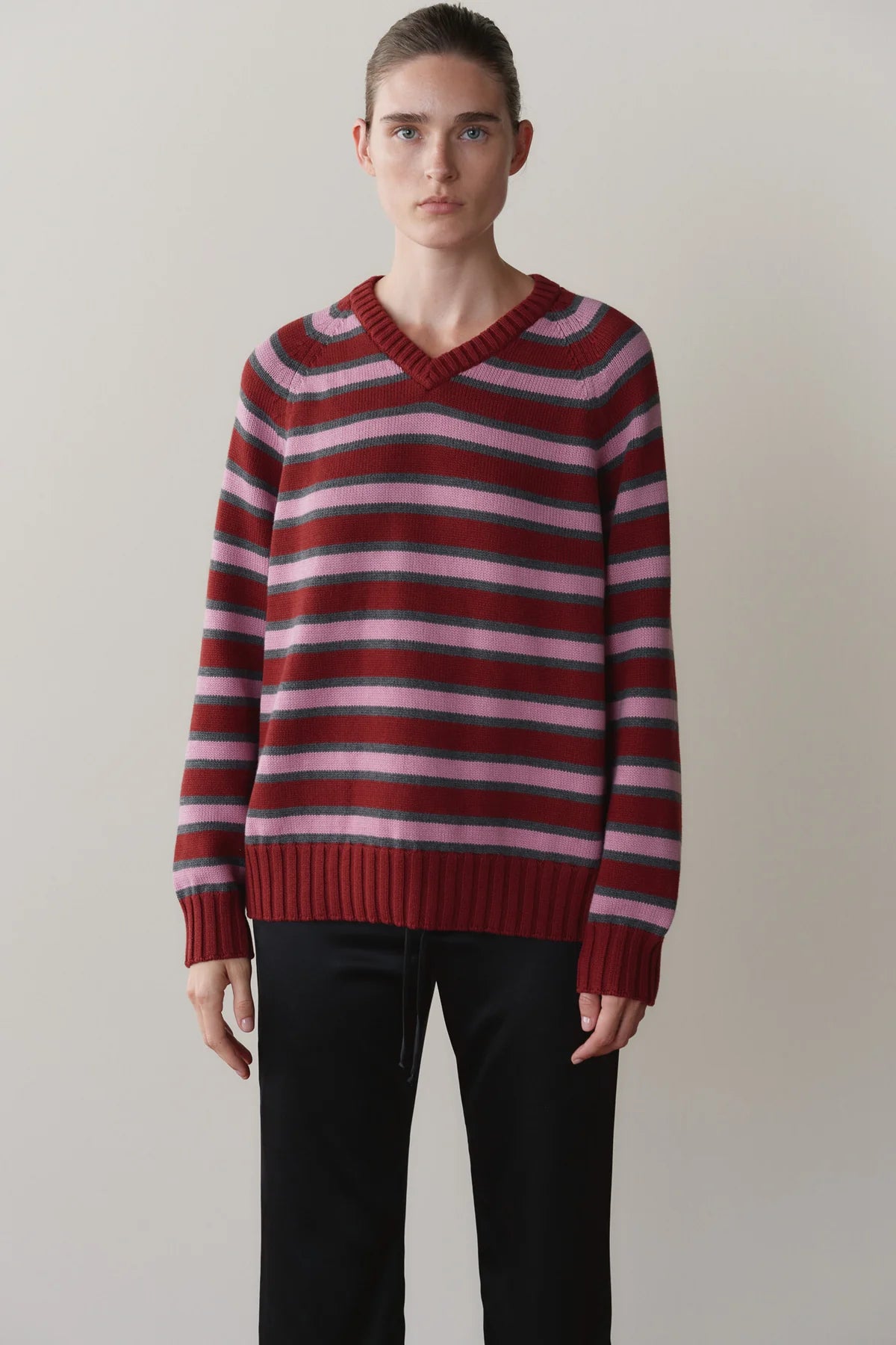 Cotton Knit Stripe V-Neck Sweater, Oxblood