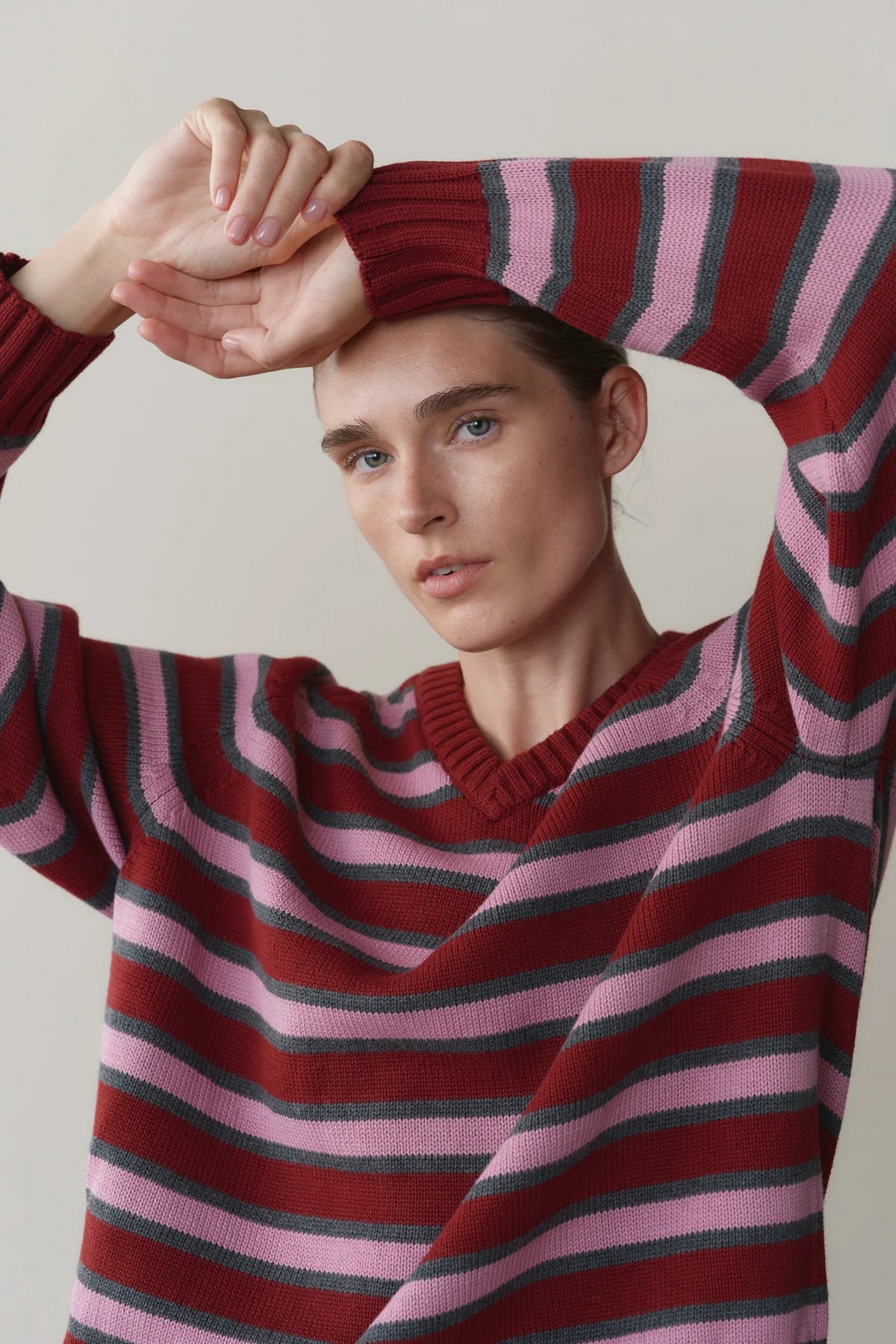 Cotton Knit Stripe V-Neck Sweater, Oxblood
