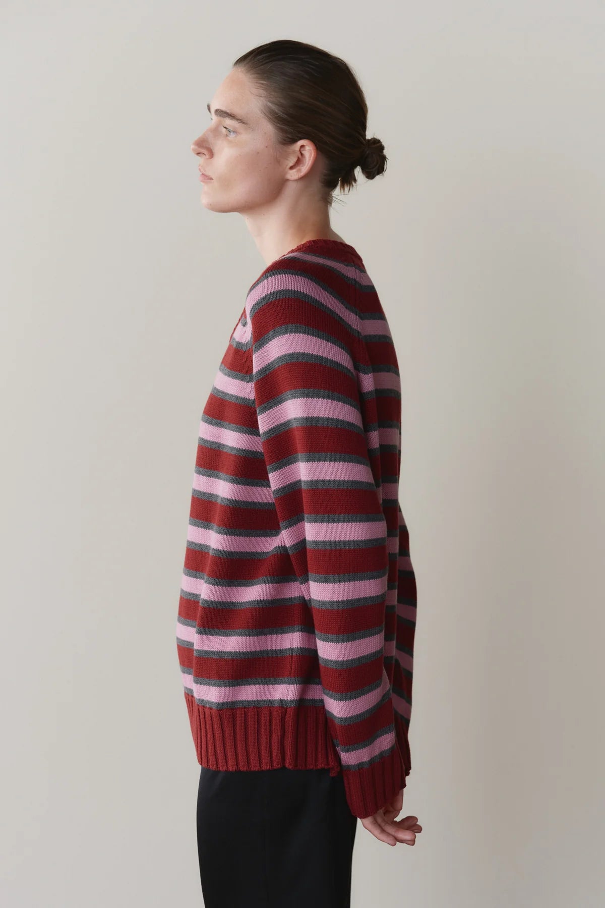 Cotton Knit Stripe V-Neck Sweater, Oxblood