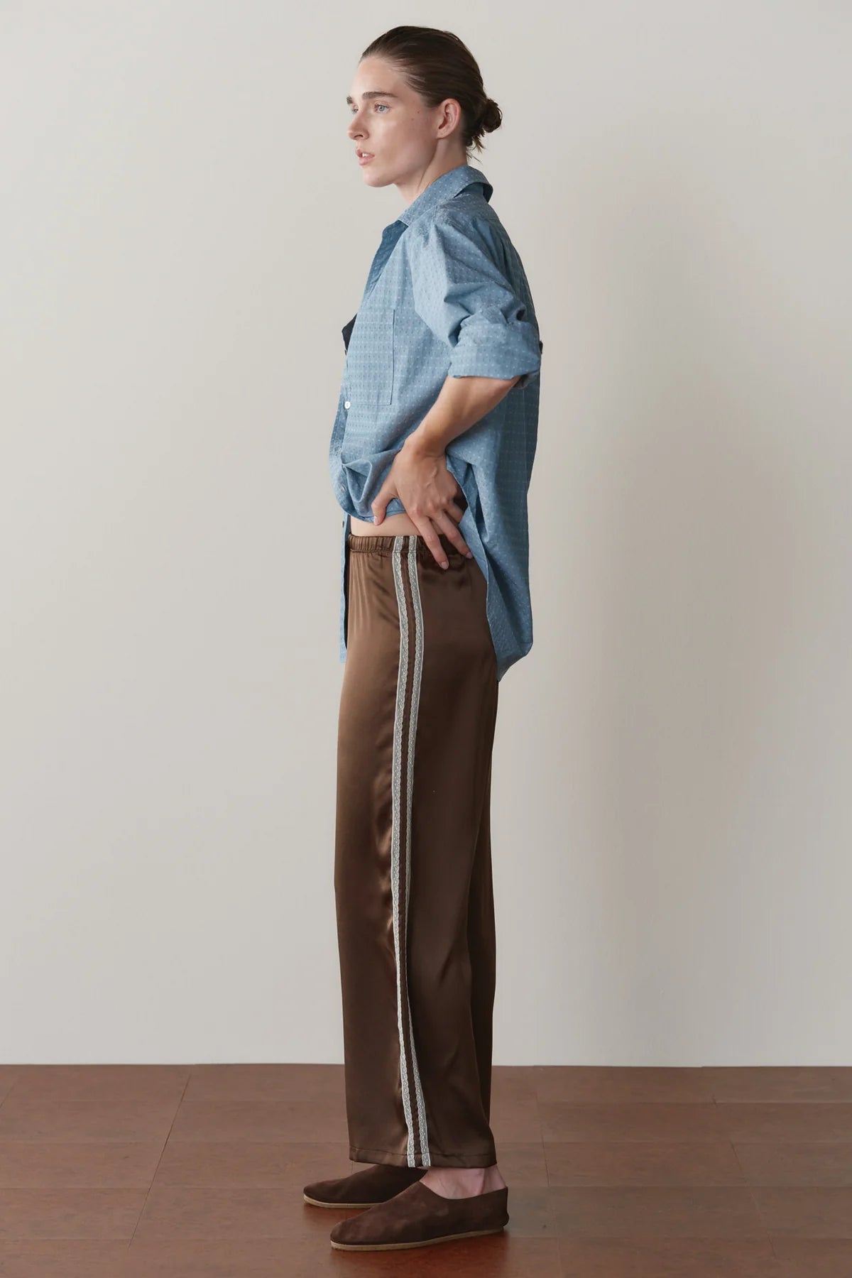 Silk Lace Stripe Crop Pant, Espresso