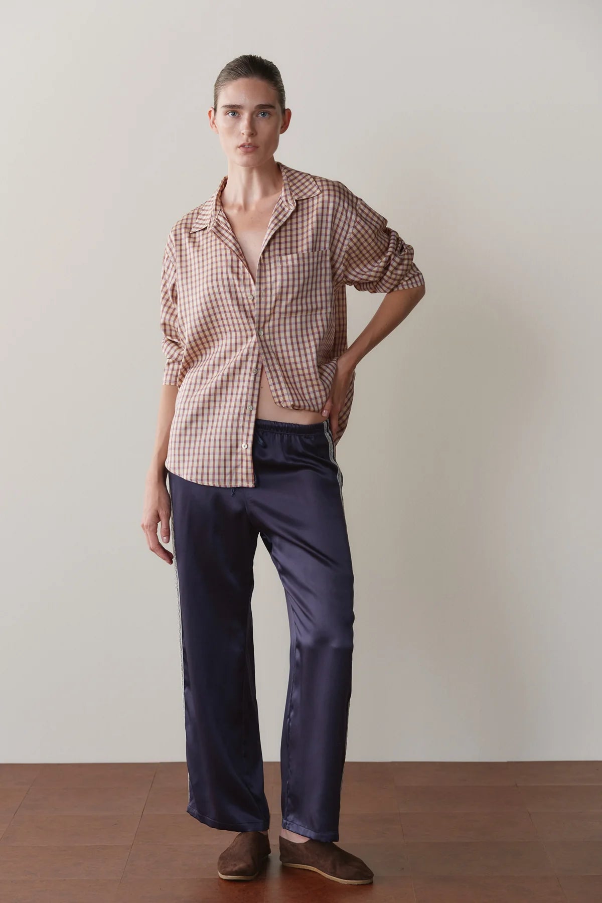Silk Lace Stripe Crop Pant, Navy