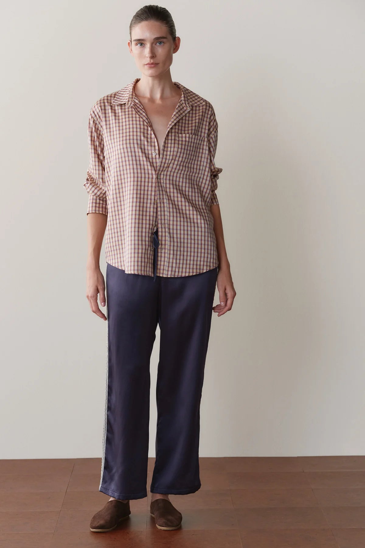 Silk Lace Stripe Crop Pant, Navy
