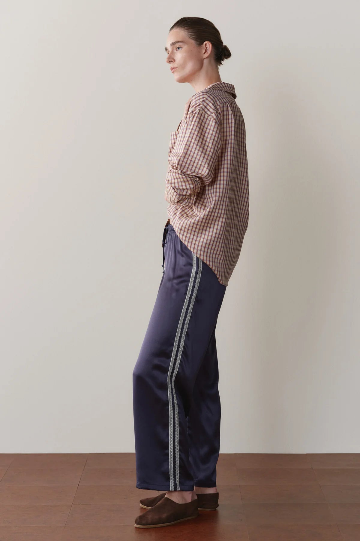 Silk Lace Stripe Crop Pant, Navy