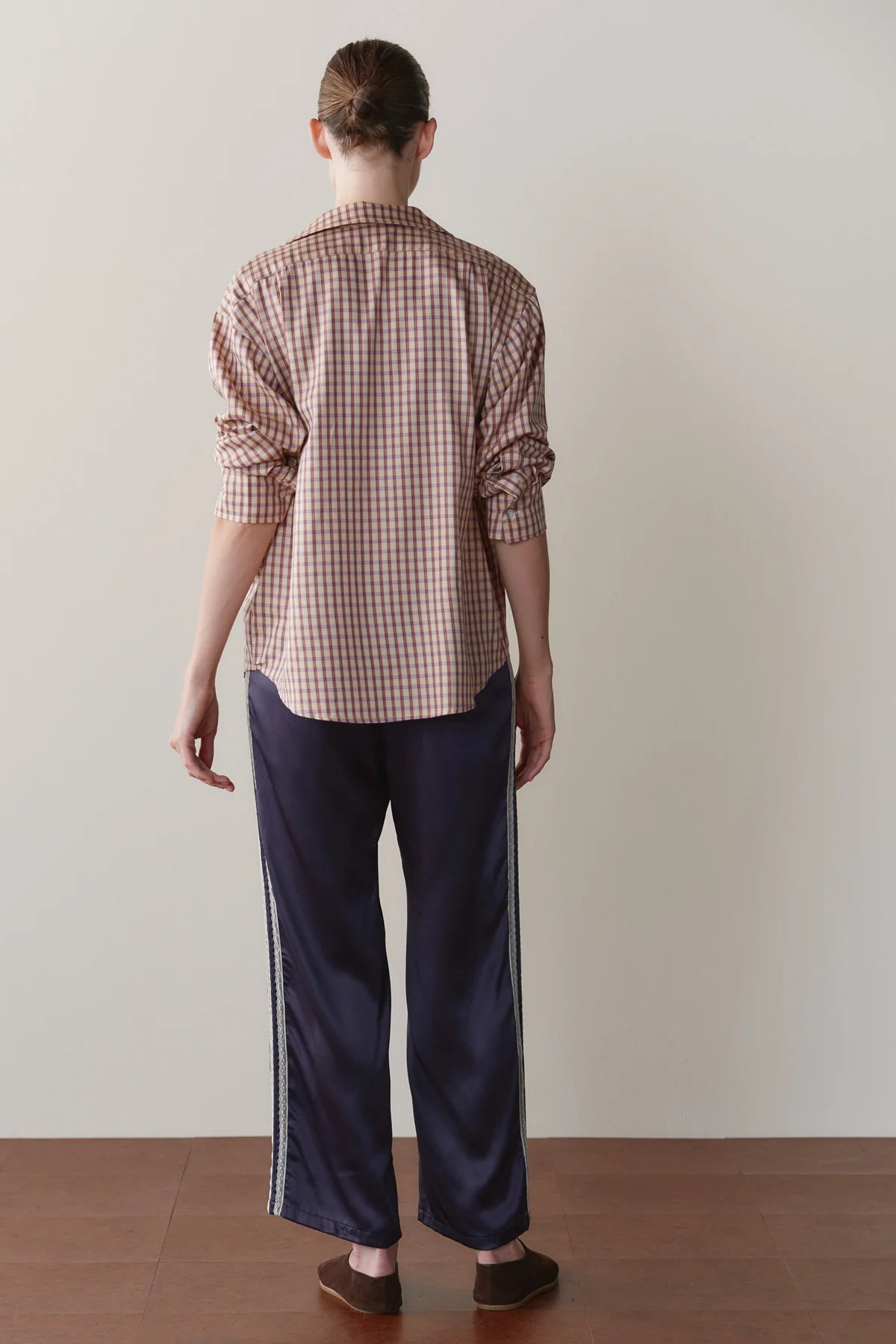 Silk Lace Stripe Crop Pant, Navy