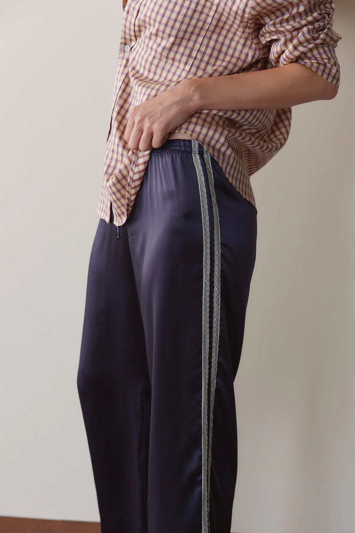 Silk Lace Stripe Crop Pant, Navy