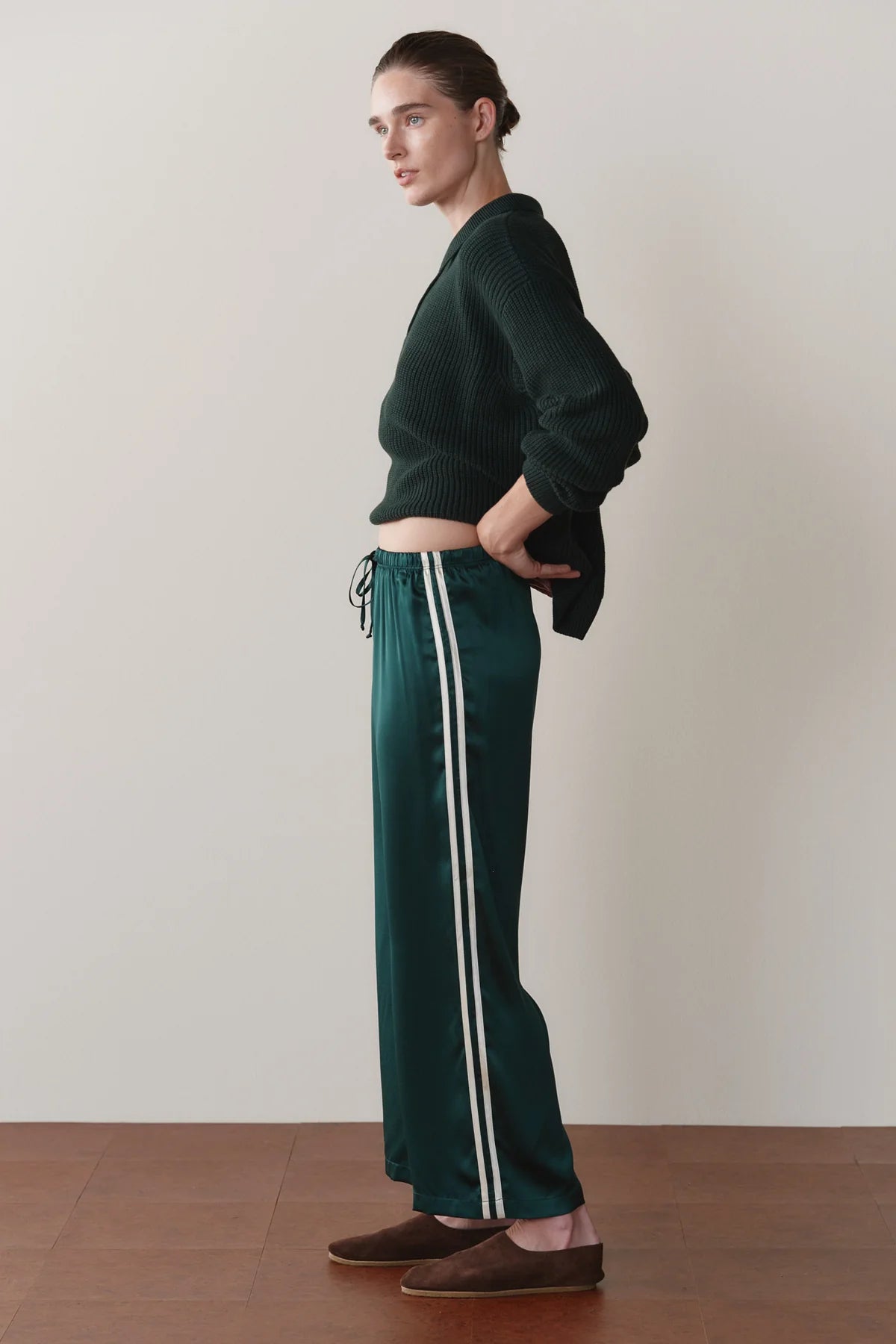 Silk Stripe Crop Pant, Fir & Creme