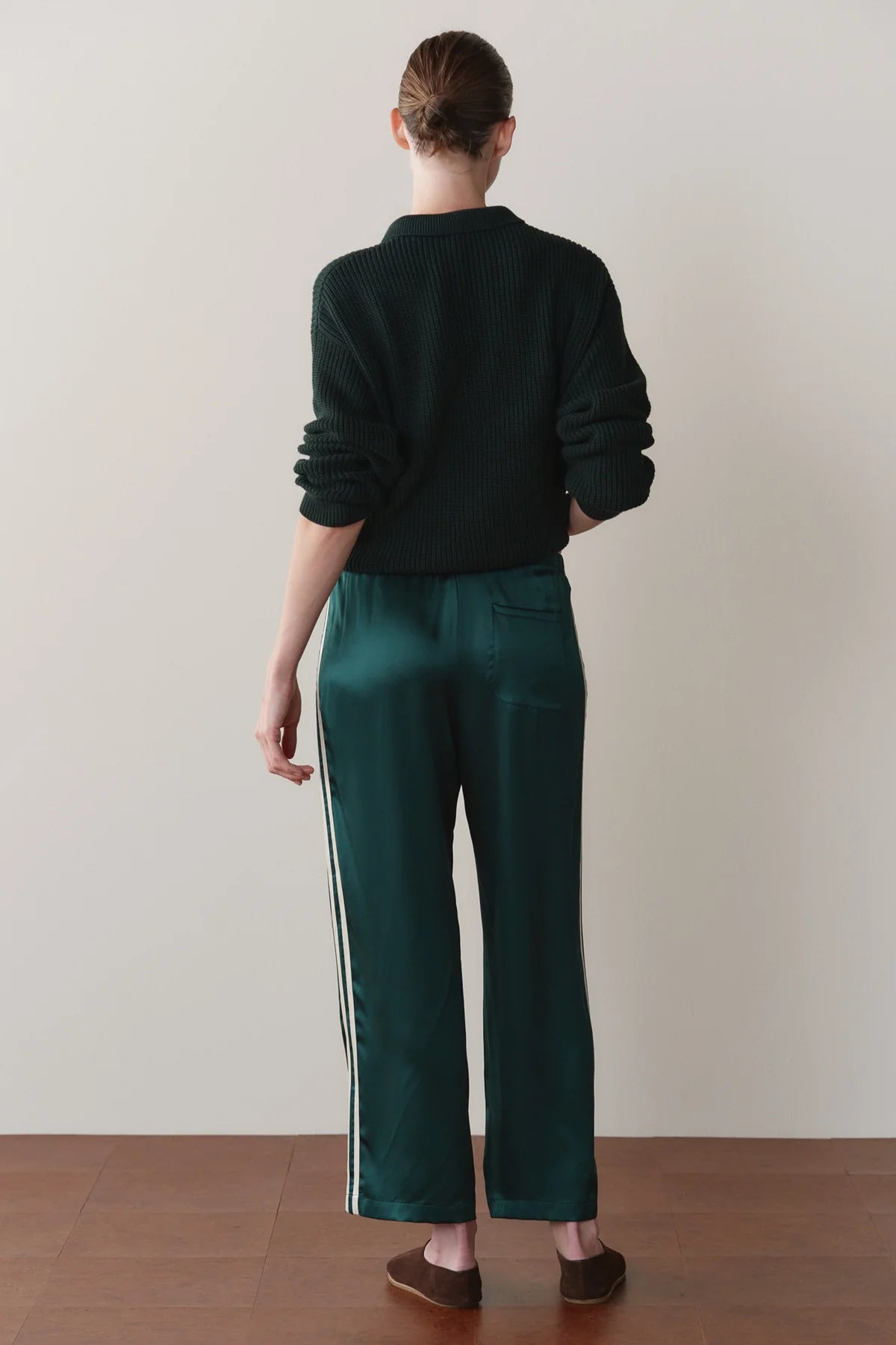Silk Stripe Crop Pant, Fir & Creme