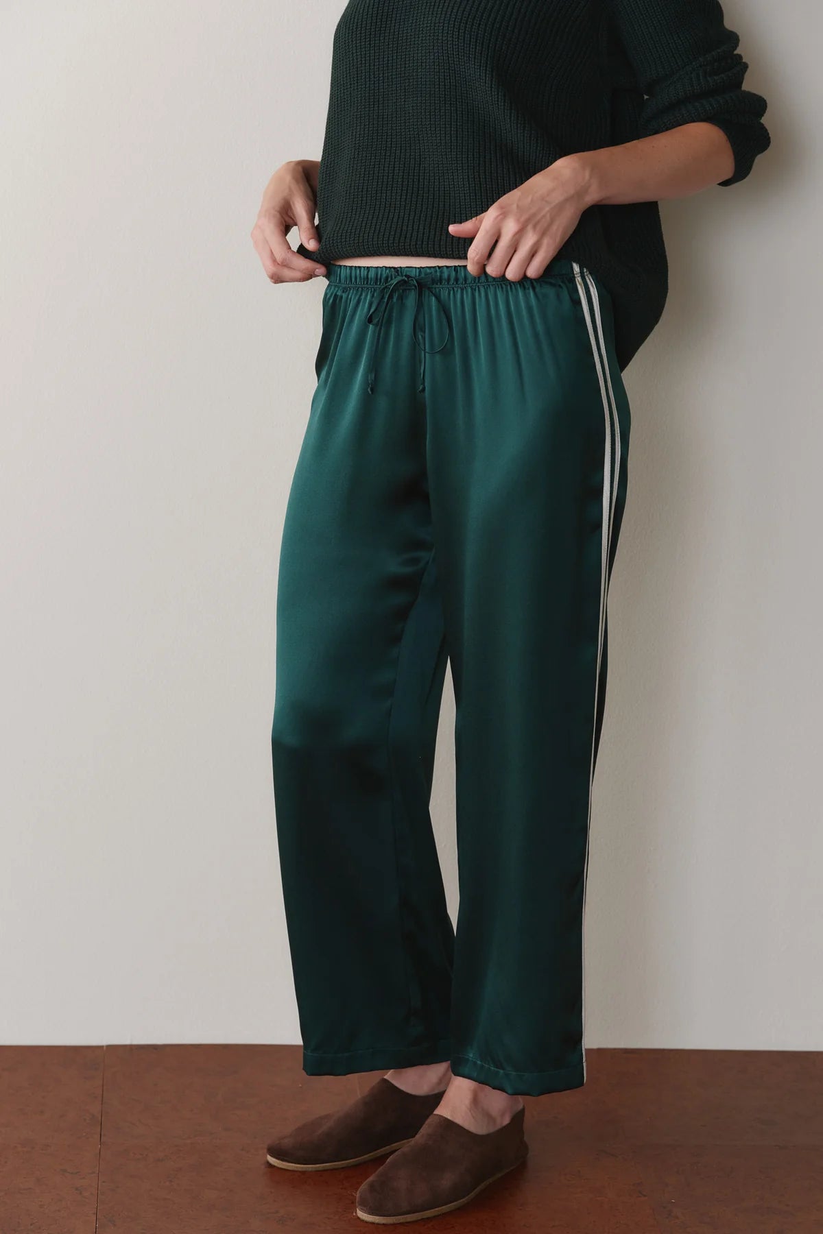 Silk Stripe Crop Pant, Fir & Creme