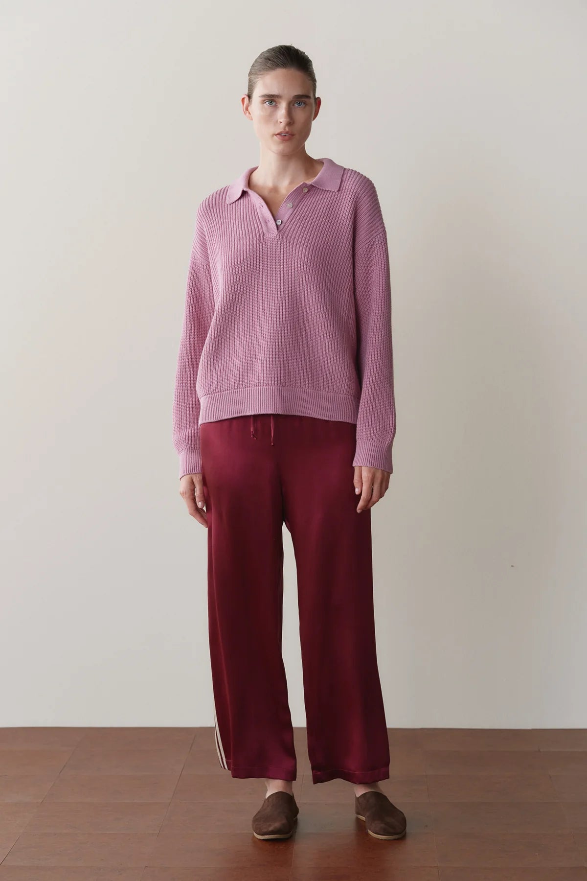 Silk Stripe Crop Pant, Oxblood & Creme
