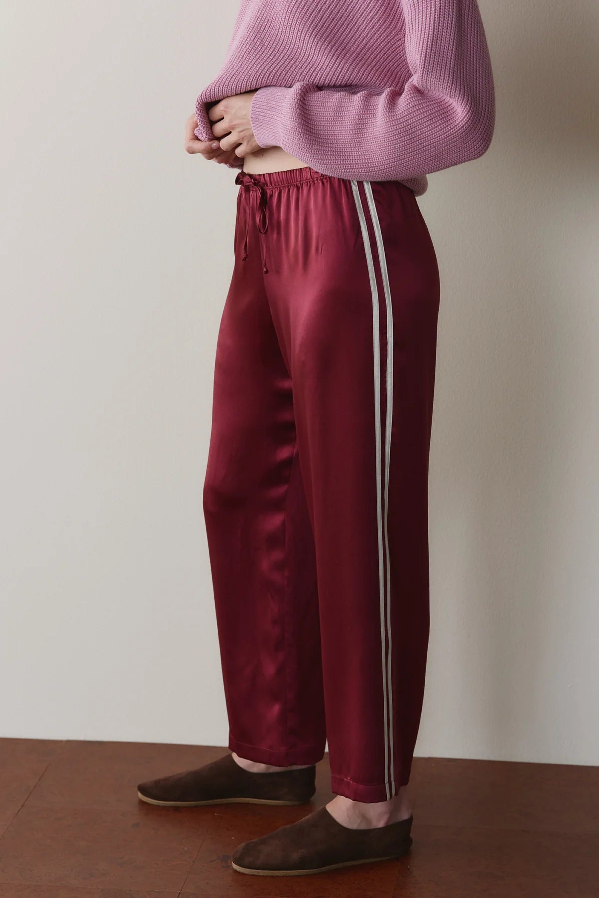 Silk Stripe Crop Pant, Oxblood & Creme