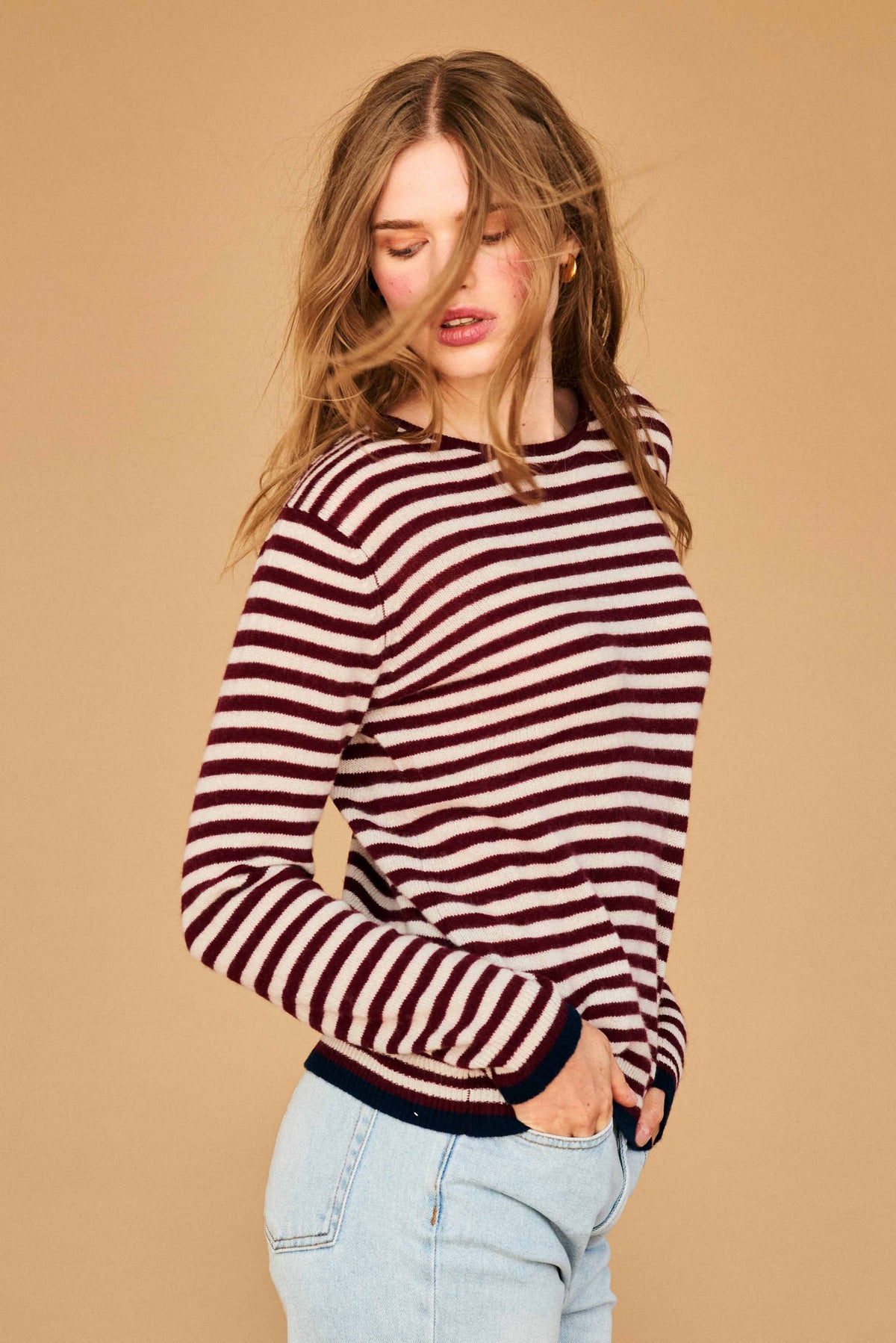 Cashmere Stripe Crew, Burgundy & Stone