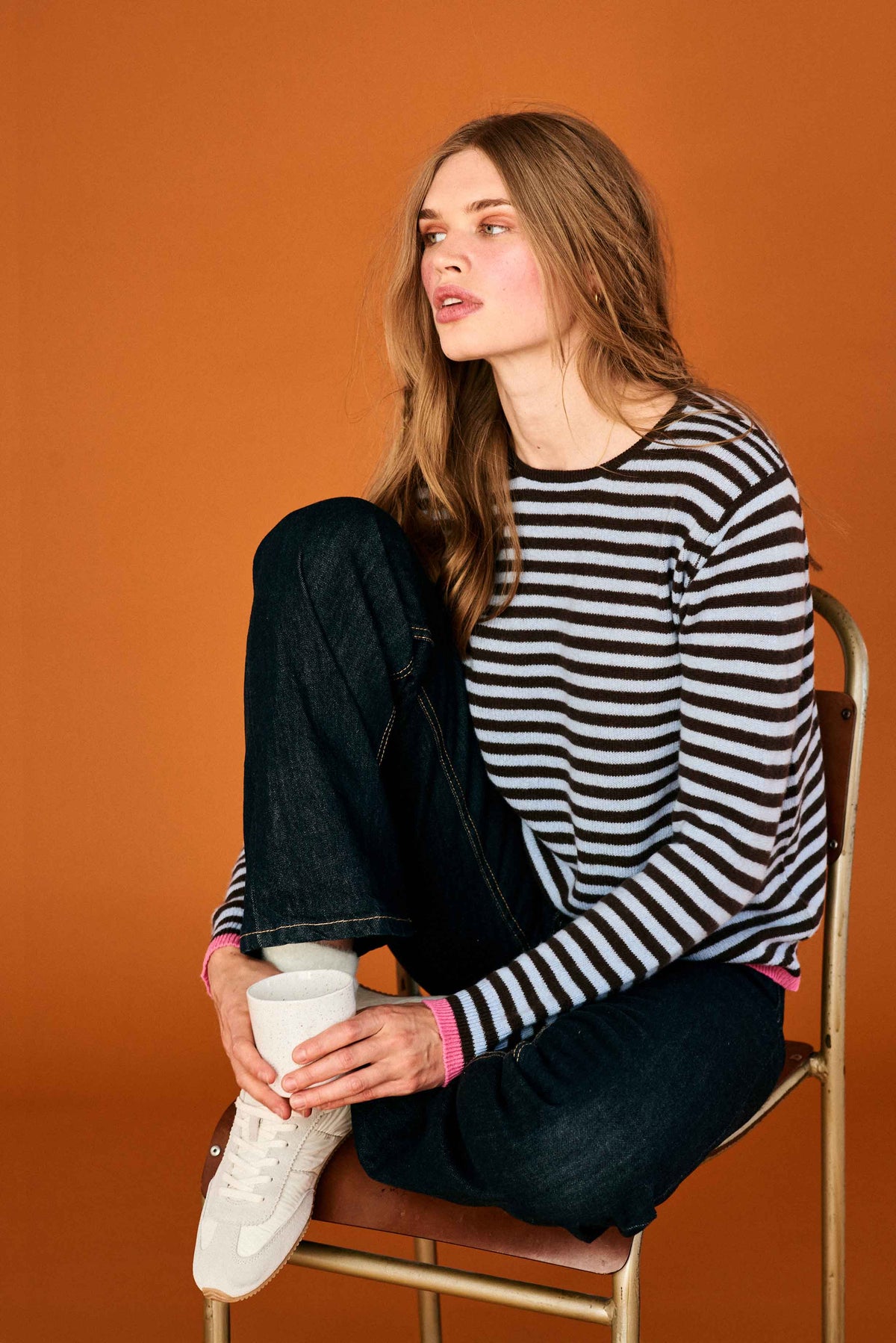 Cashmere Stripe Crew, Brown & Blue