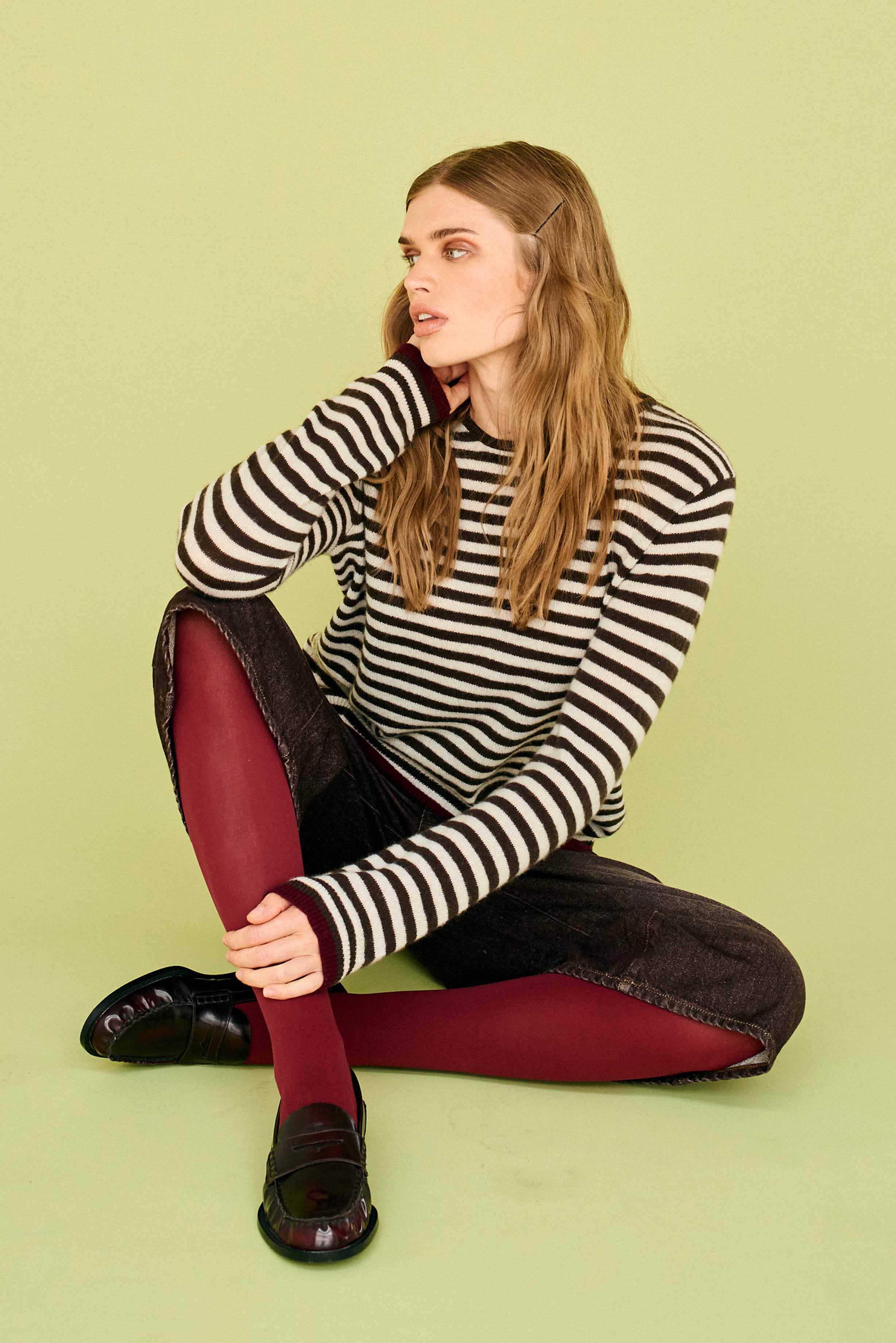 Cashmere Stripe Crew, Brown & Stone