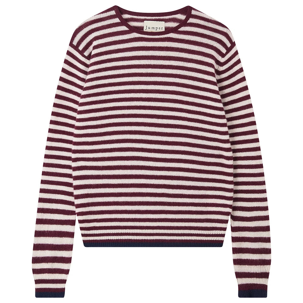 Cashmere Stripe Crew, Burgundy & Stone