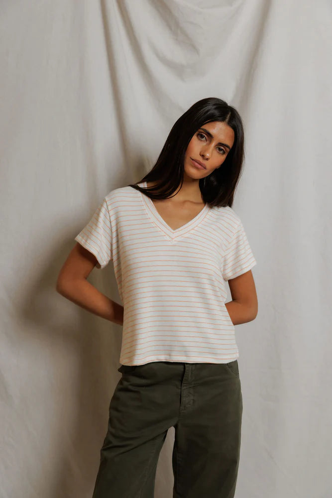elliot v neck tee, clementine stripe