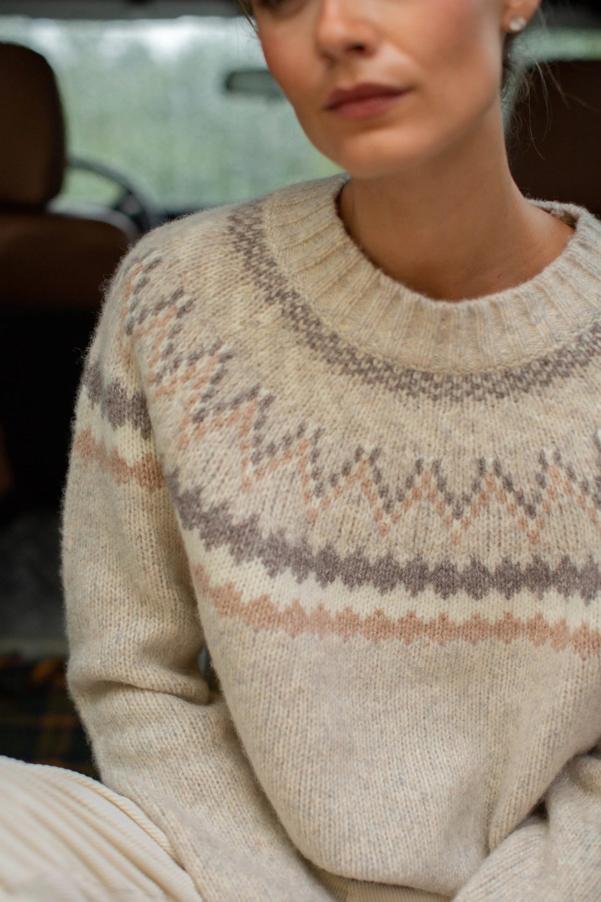 New England Fair Isle Crew, Ivory Heather