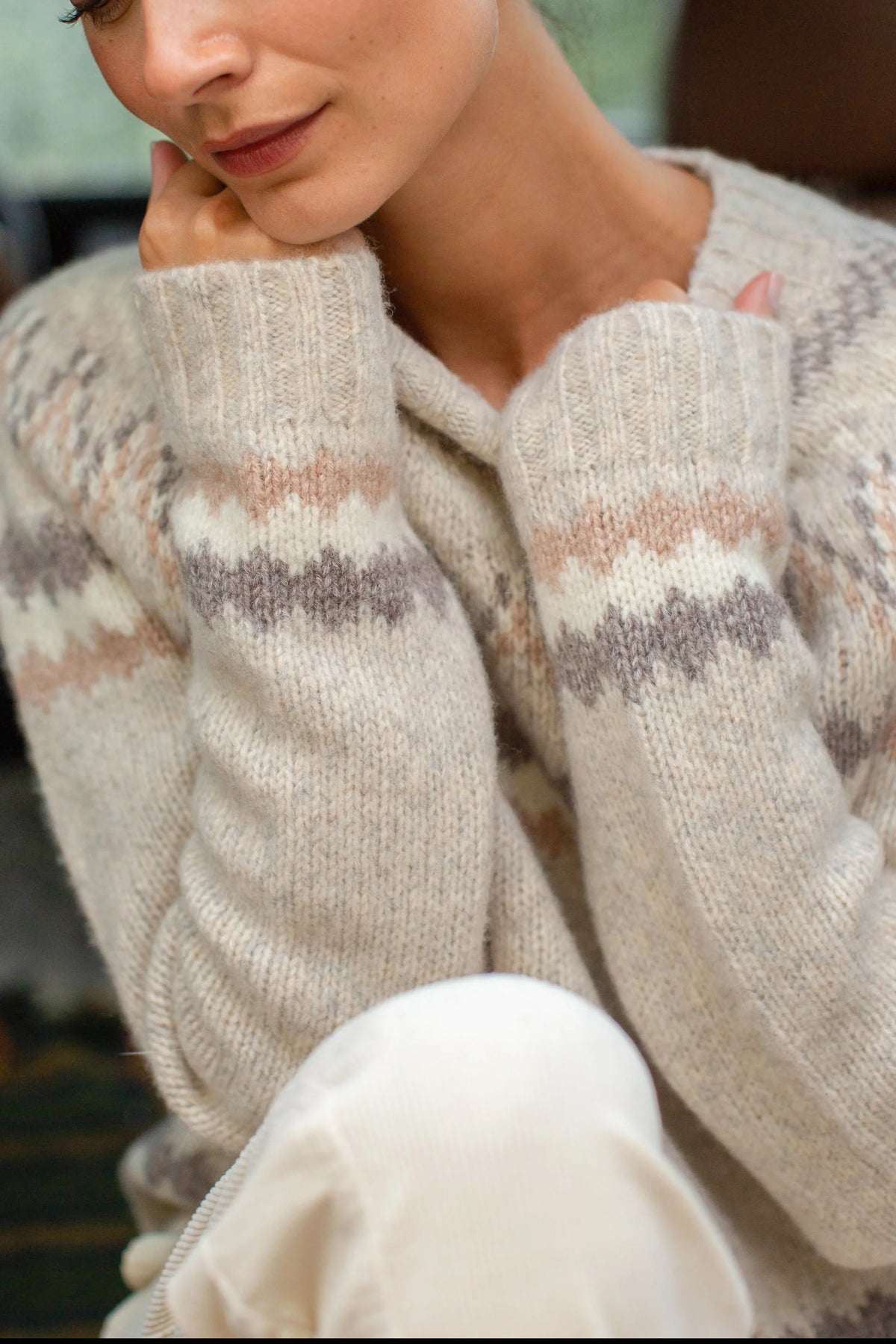 New England Fair Isle Crew, Ivory Heather