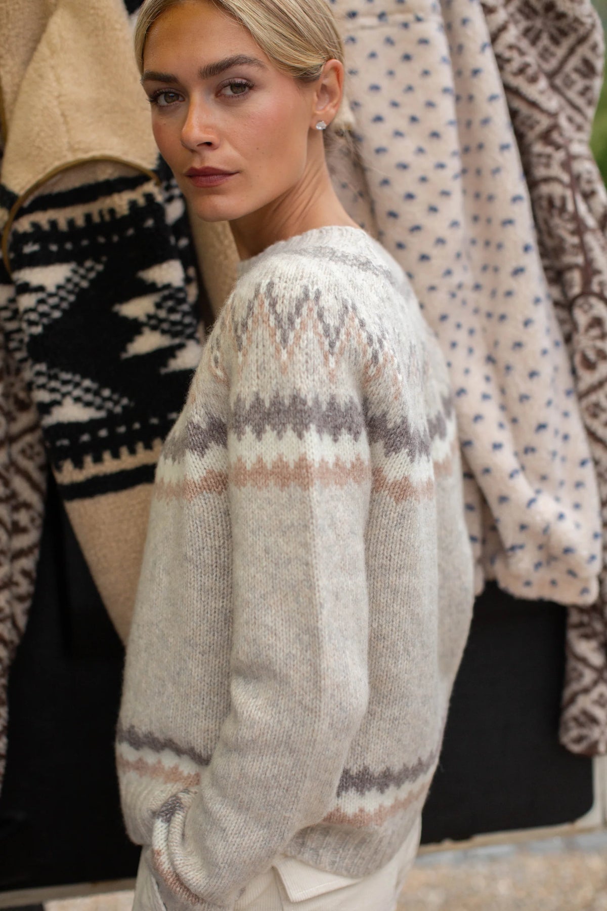 New England Fair Isle Crew, Ivory Heather
