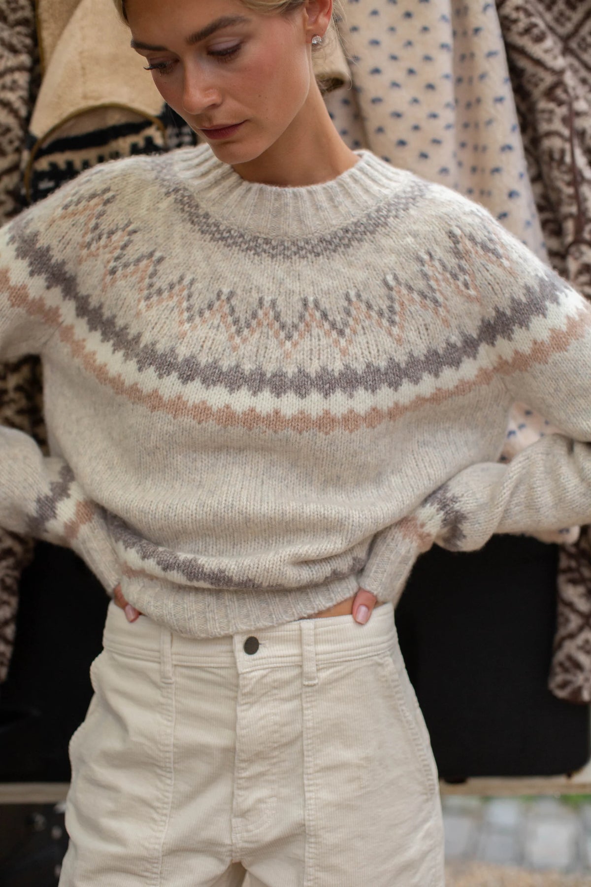 New England Fair Isle Crew, Ivory Heather