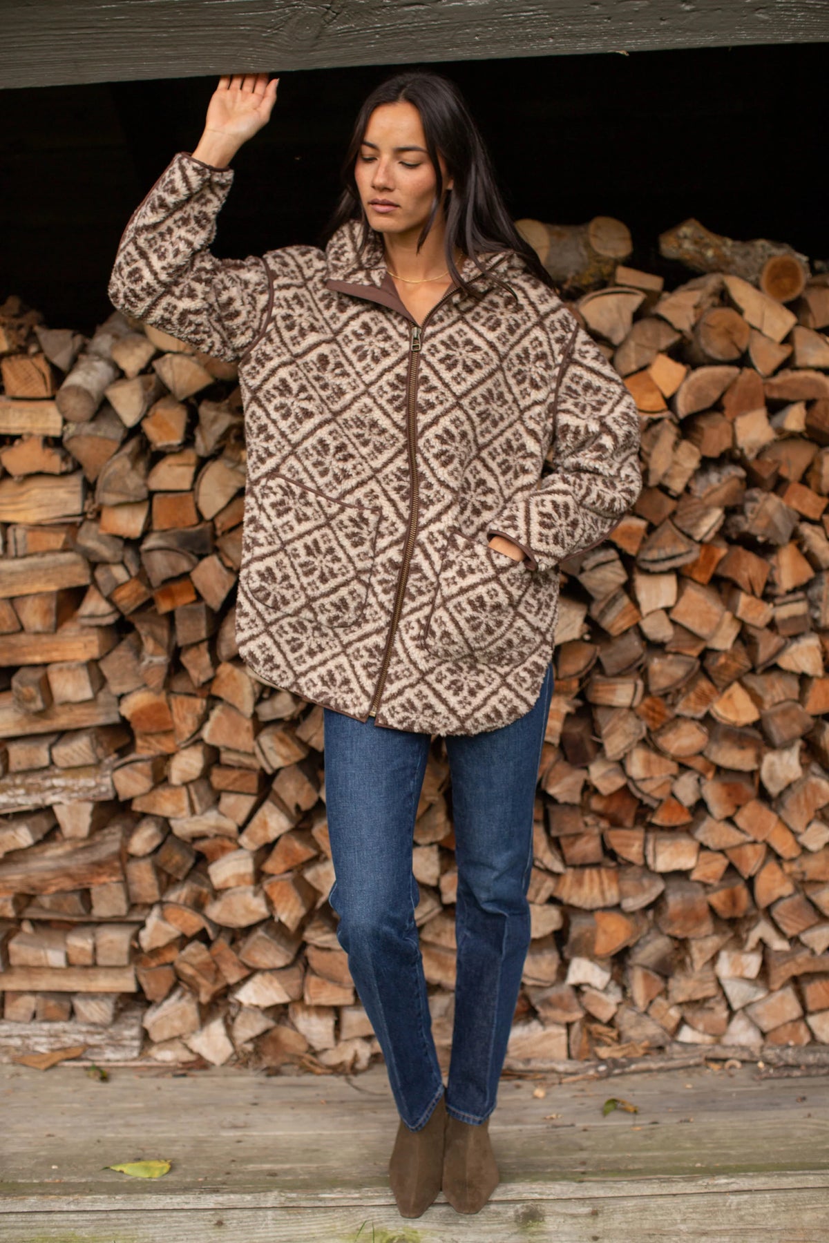Hooded Sherpa Jacket, Brown Tile