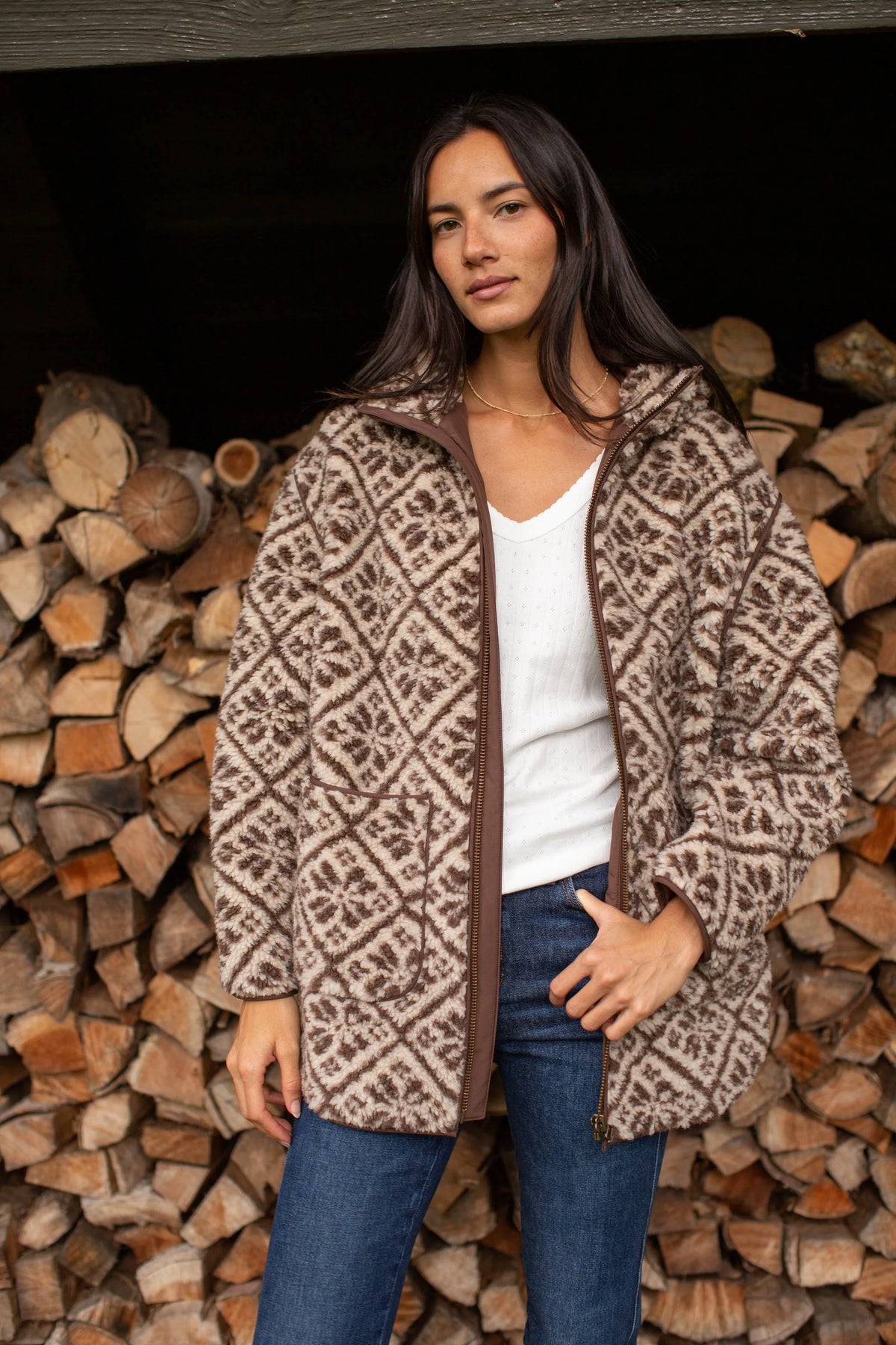 Hooded Sherpa Jacket, Brown Tile