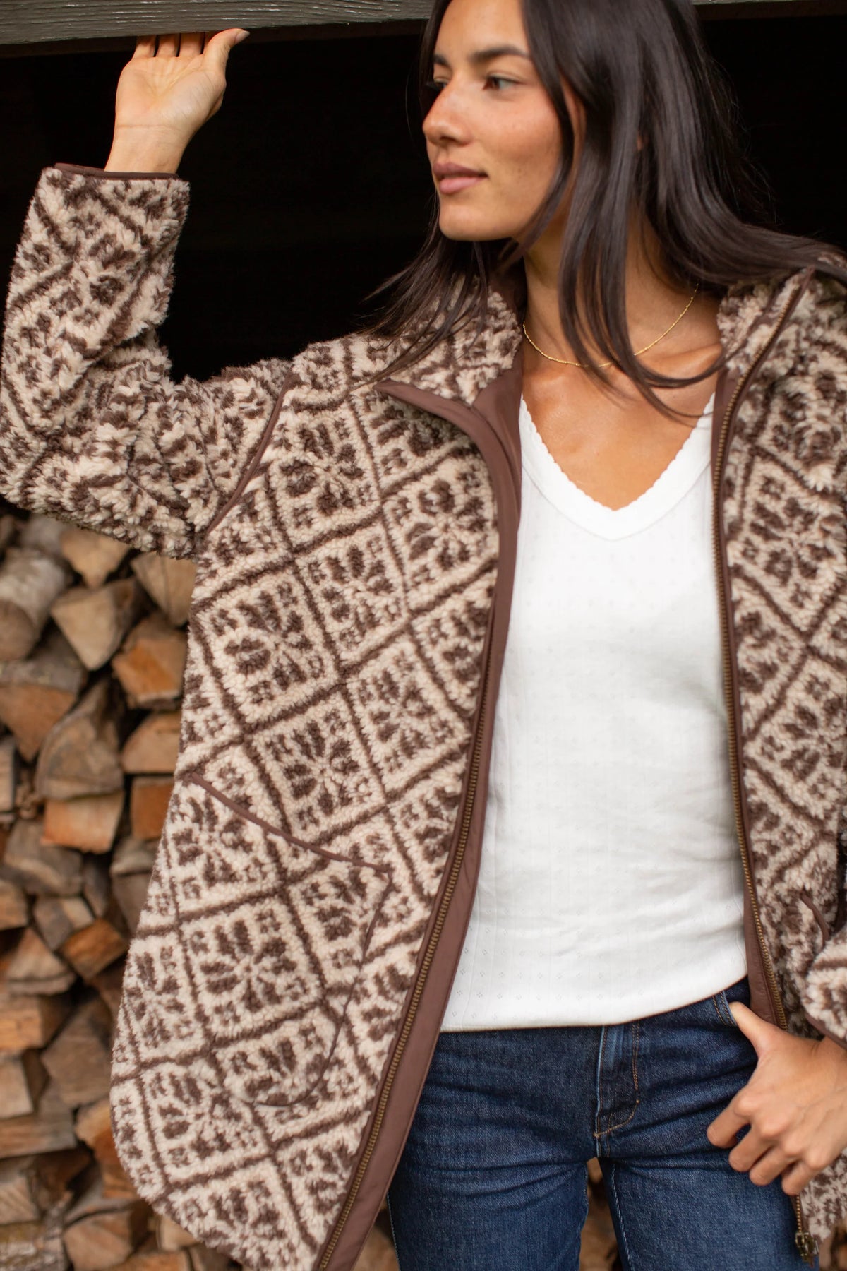 Hooded Sherpa Jacket, Brown Tile