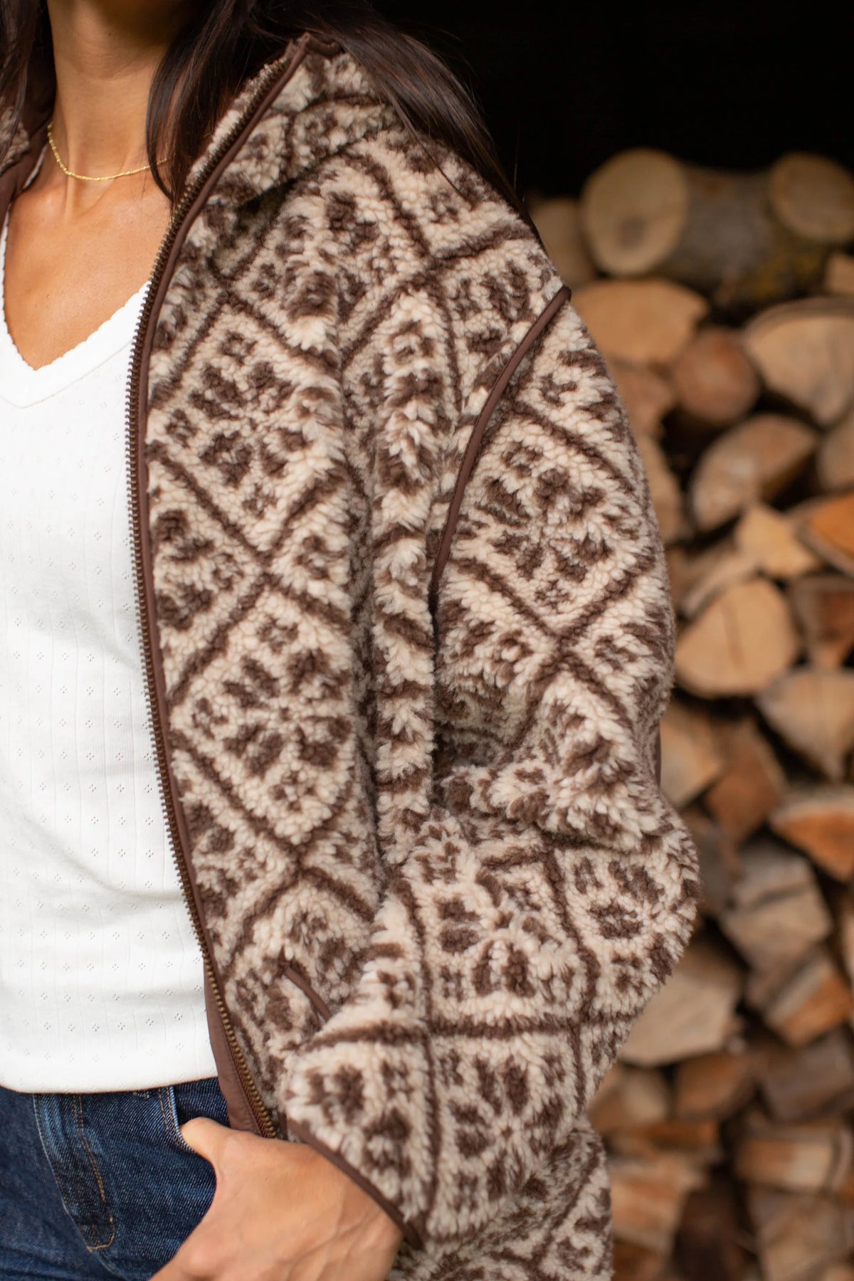 Hooded Sherpa Jacket, Brown Tile